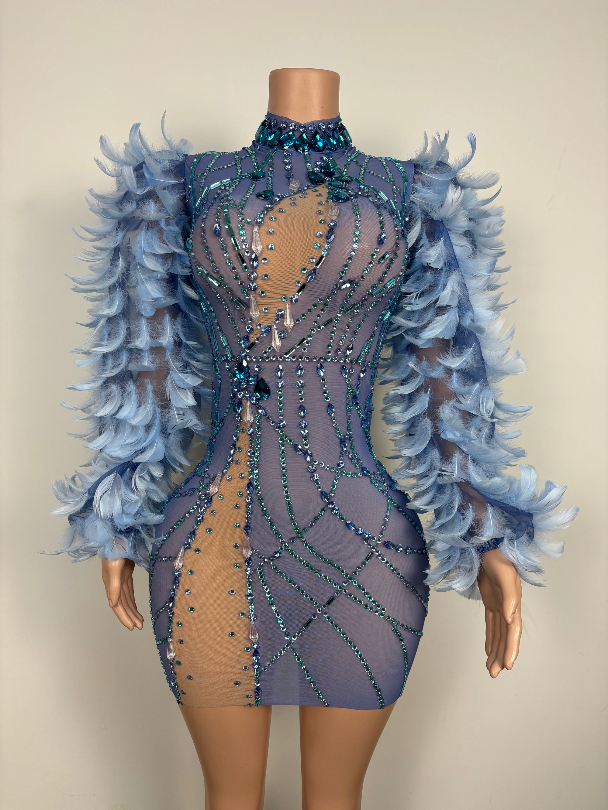 Frozen Temptation Feather Gown – Icy Blue Crystal Mini Dress