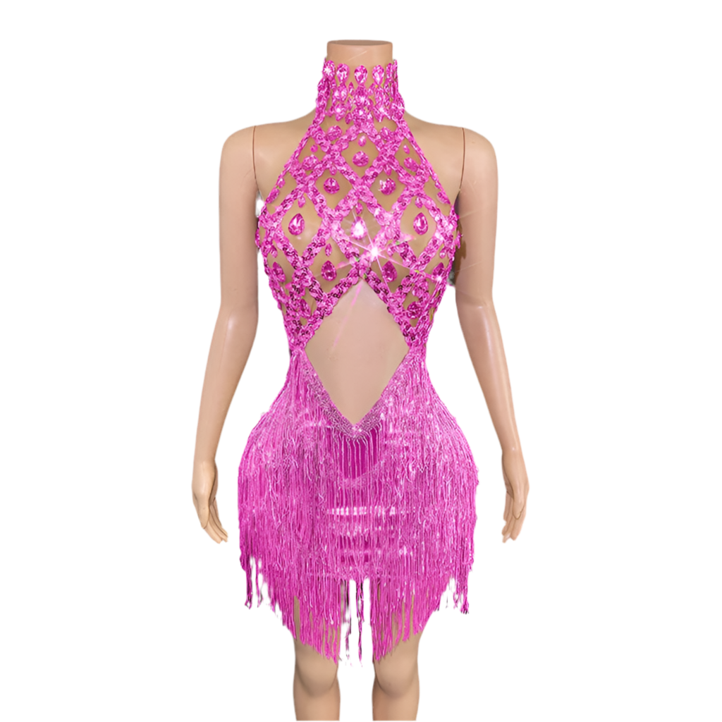 Glamour Gemstone Fringe Mini Dress – Rhinestone Birthday & Party Outfit