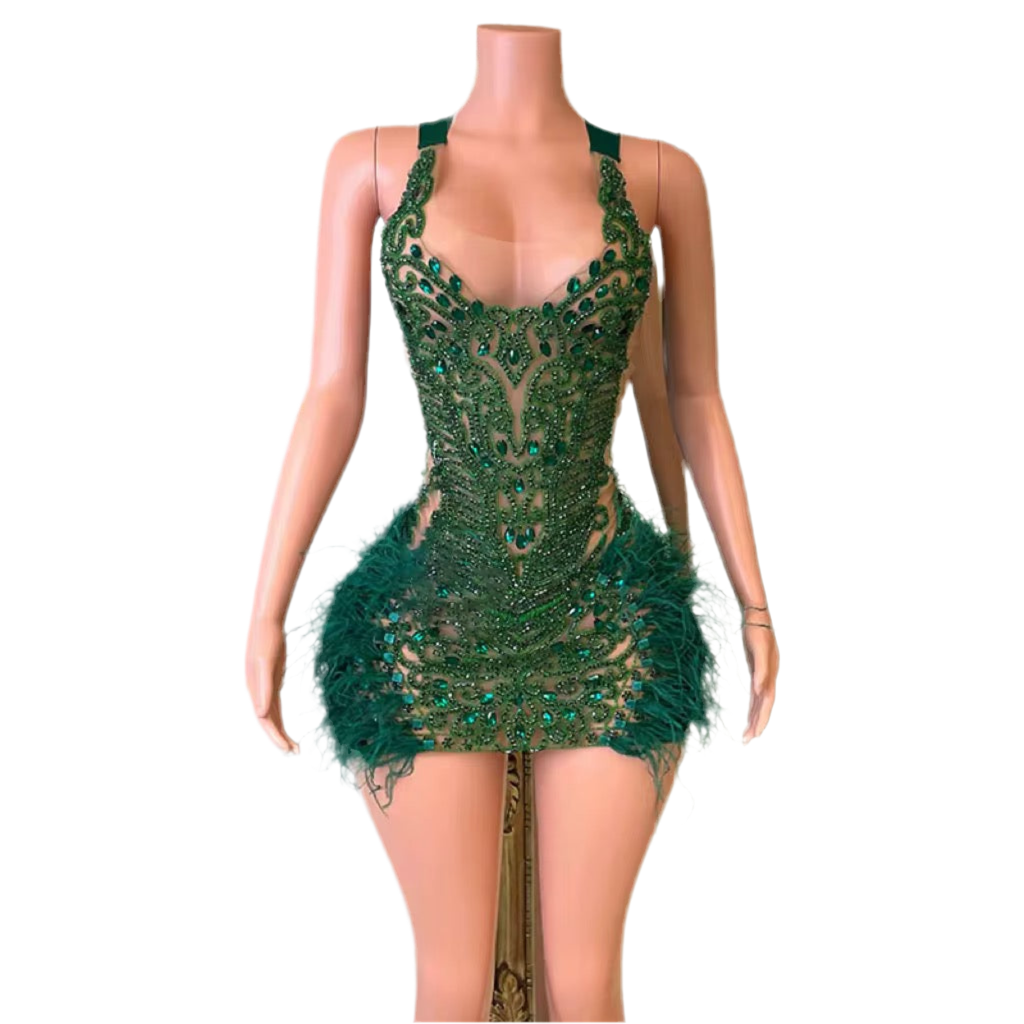 Emerald Tease Mini – Green Gem Feathered Party Dress