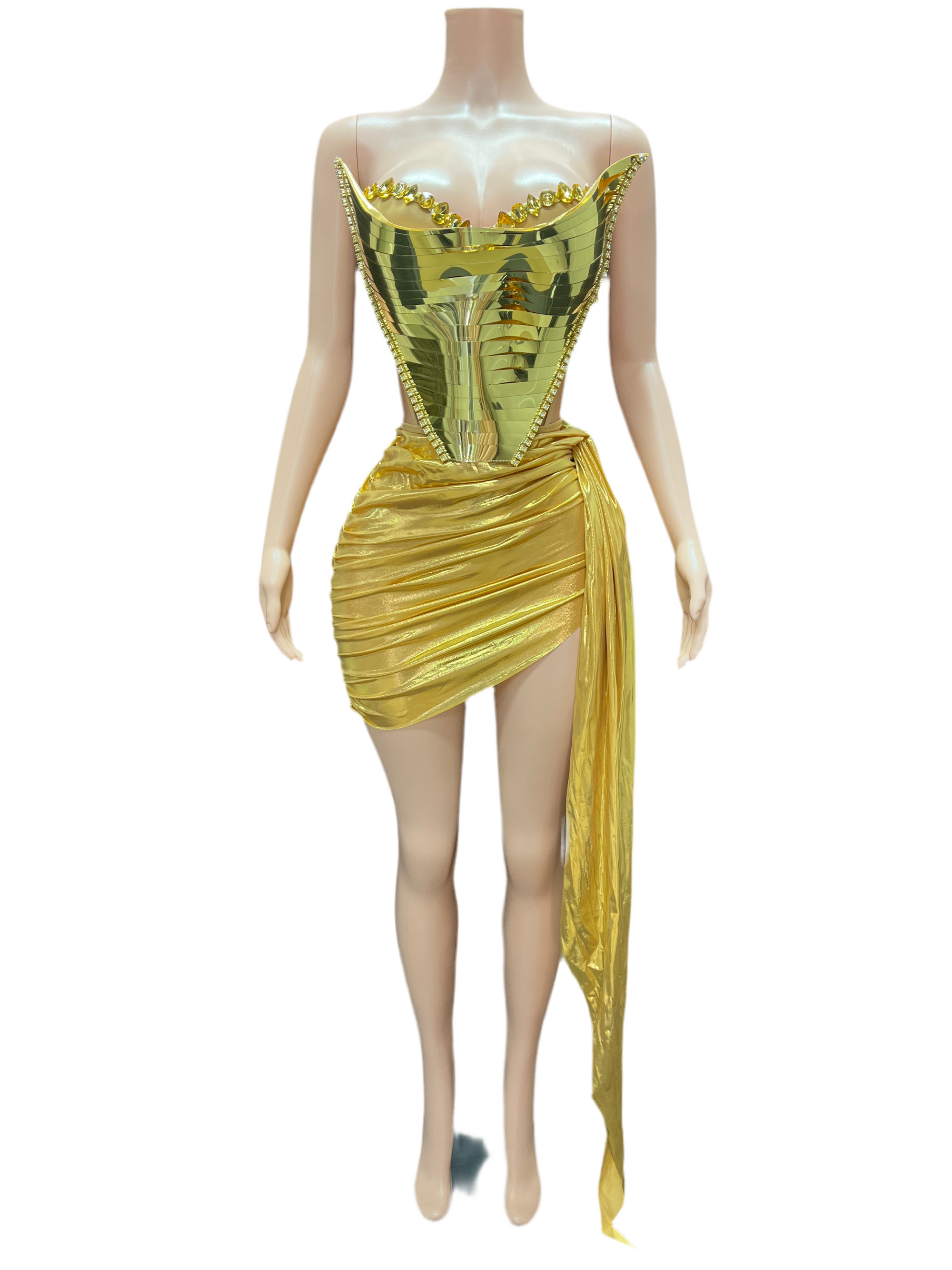 Golden Hour Luxe Corset Dress – Gold Metallic Party Mini Dress