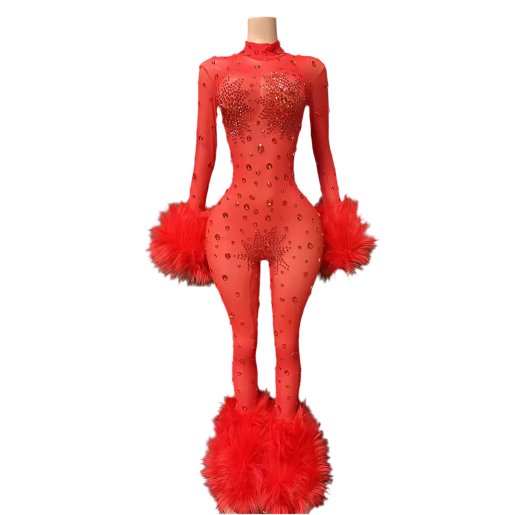 Scarlet Show Stopper Rhinestone Jumpsuit – Red Sheer Party Outfit