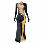 Diamond Illusion Velvet Gown – Sheer Rhinestone Cutout Evening Dress
