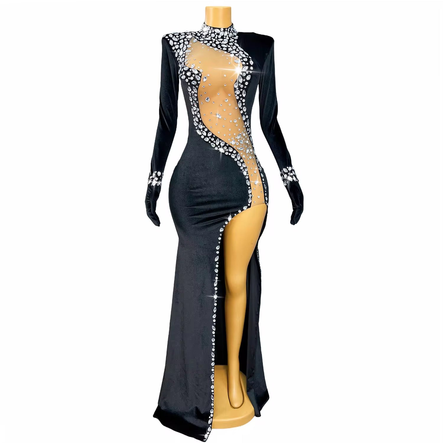 Diamond Illusion Velvet Gown – Sheer Rhinestone Cutout Evening Dress