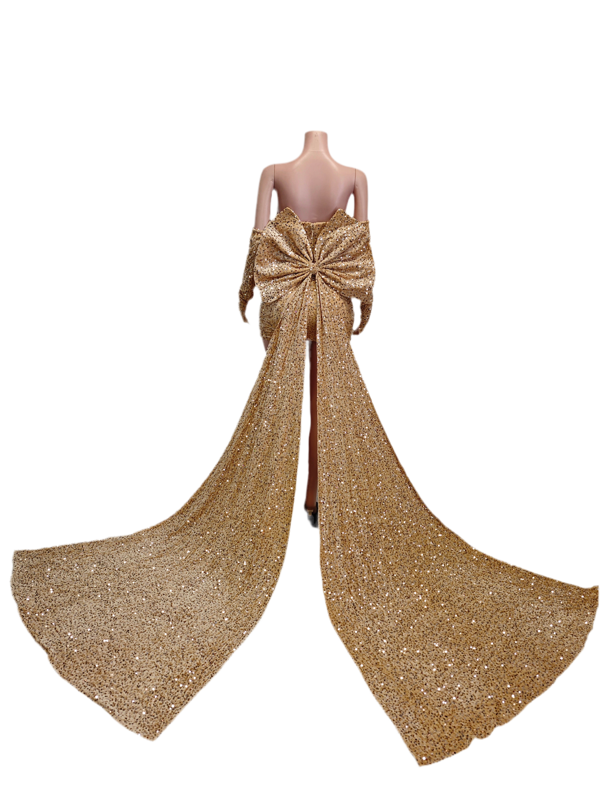 Golden Topaz Luxe Mini Dress – Rhinestone Birthday & Party Dress with Train
