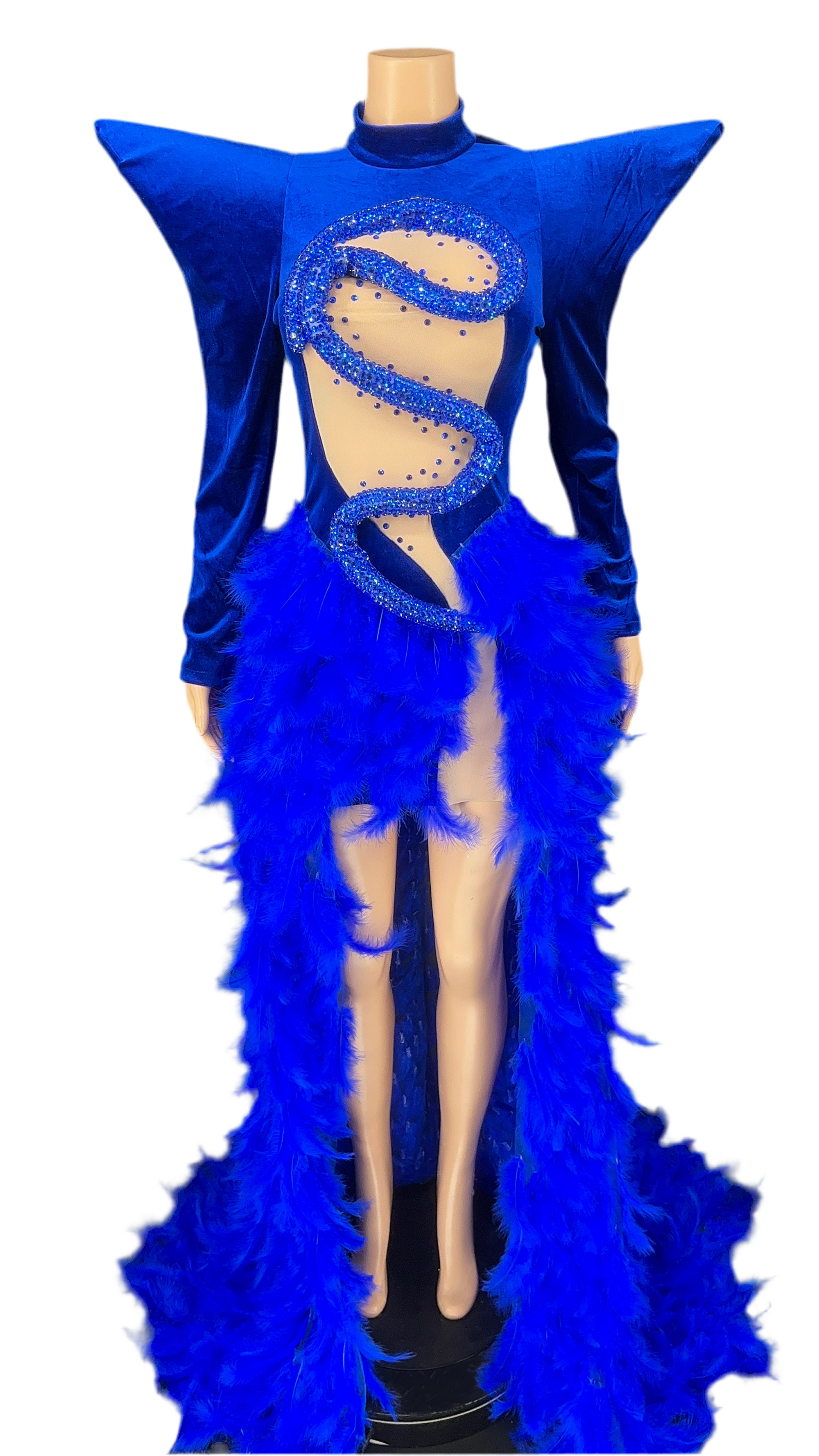 Custom Made-Electric Blue Crush Royal Velvet & Feather Couture Gown