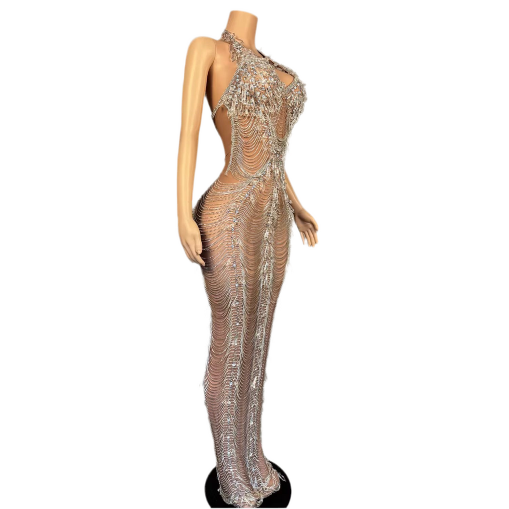Crystal Temptation Gown – Sheer Mesh Backless Silver Crystal Dress