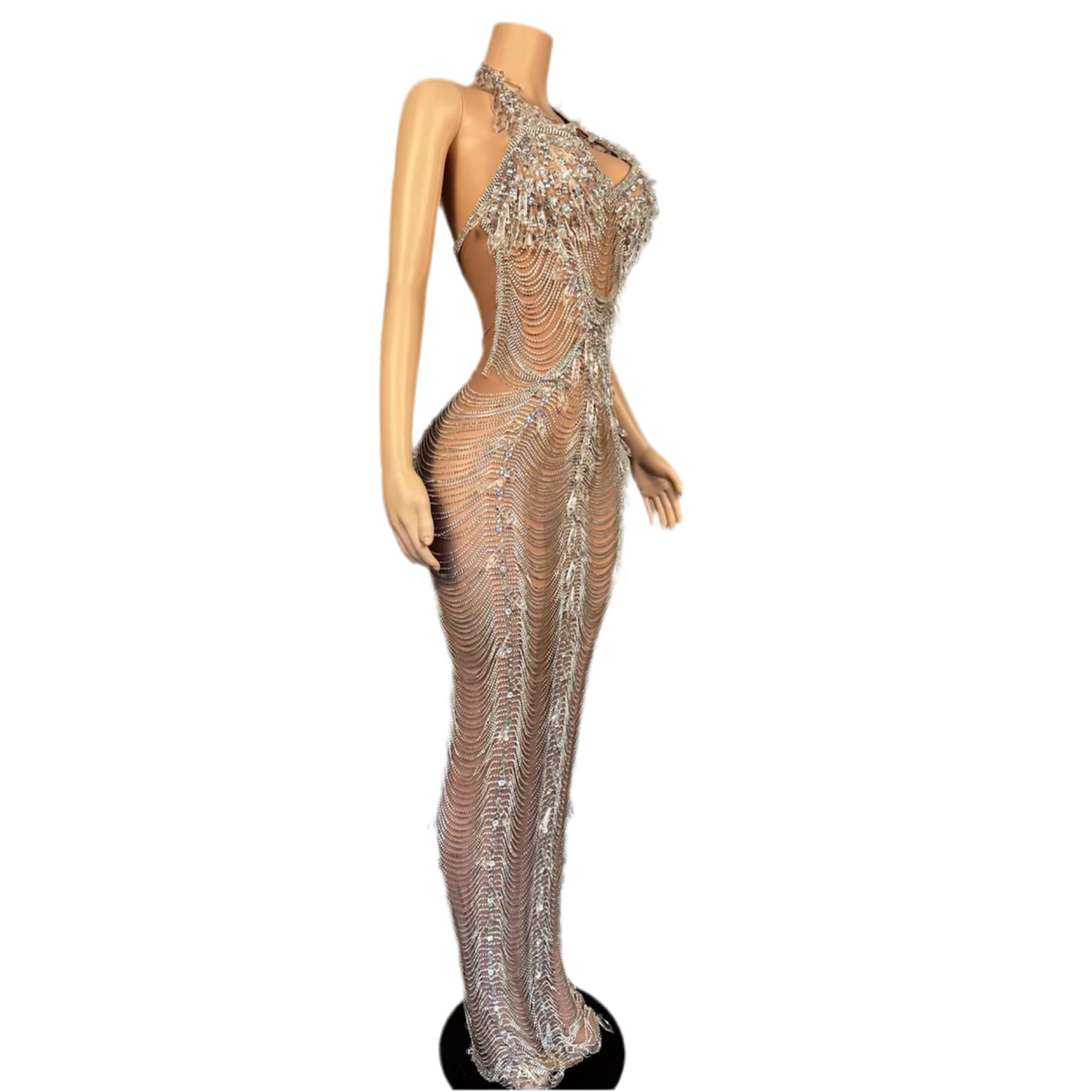 Crystal Temptation Gown – Sheer Mesh Backless Silver Crystal Dress
