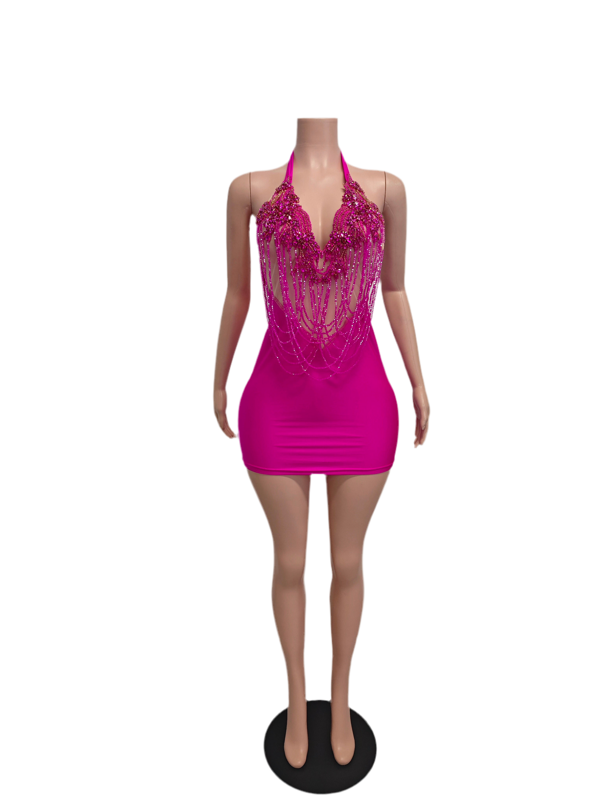 Hot Pink Rhinestone Fringe Mini Dress – Halter Birthday & Party Outfit | Ravishing Beauties