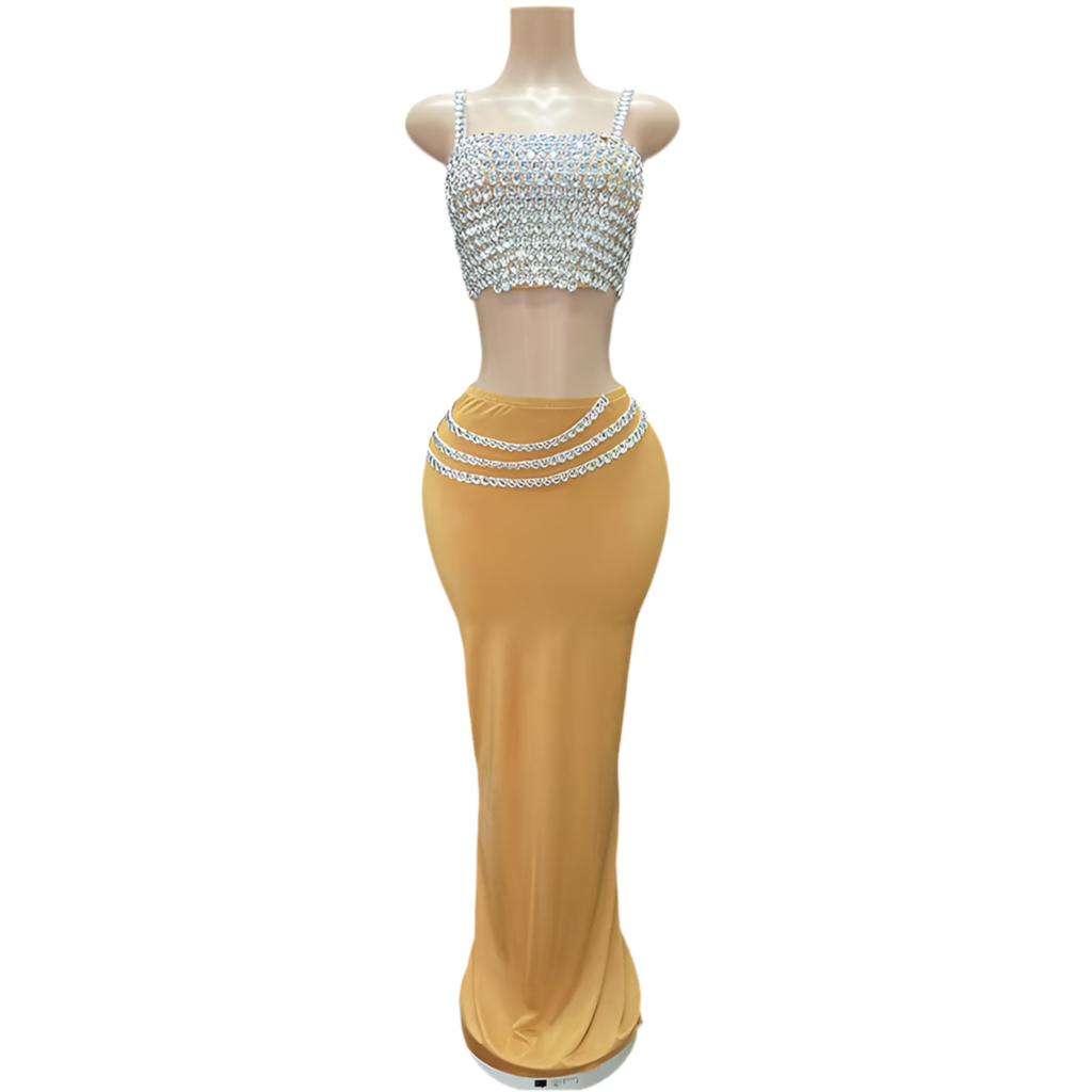 Diamond Chain Reaction Skirt Set – Crystal Crop & Maxi Skirt Outfit