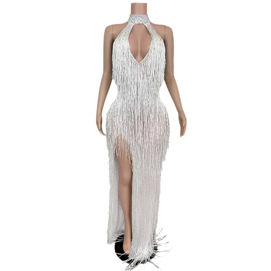 Frosted Fantasy Fringe Gown – Sparkle Crystal Halter Evening Dress
