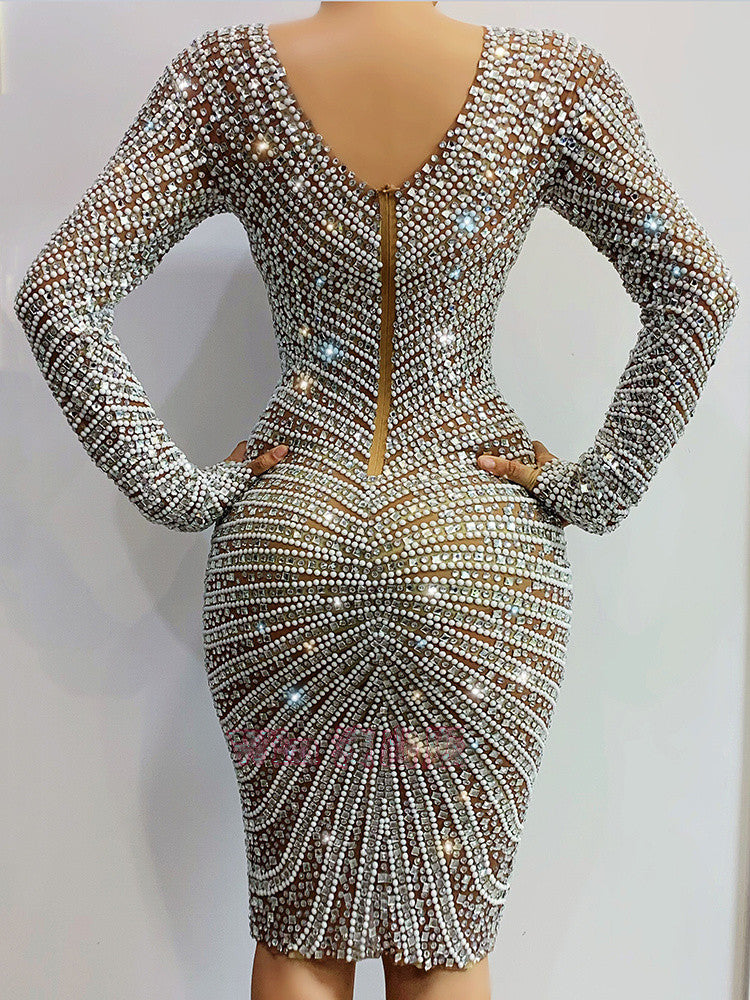 Diamond Rhinestone Mesh Bodycon Dress – Long Sleeve Party Dress