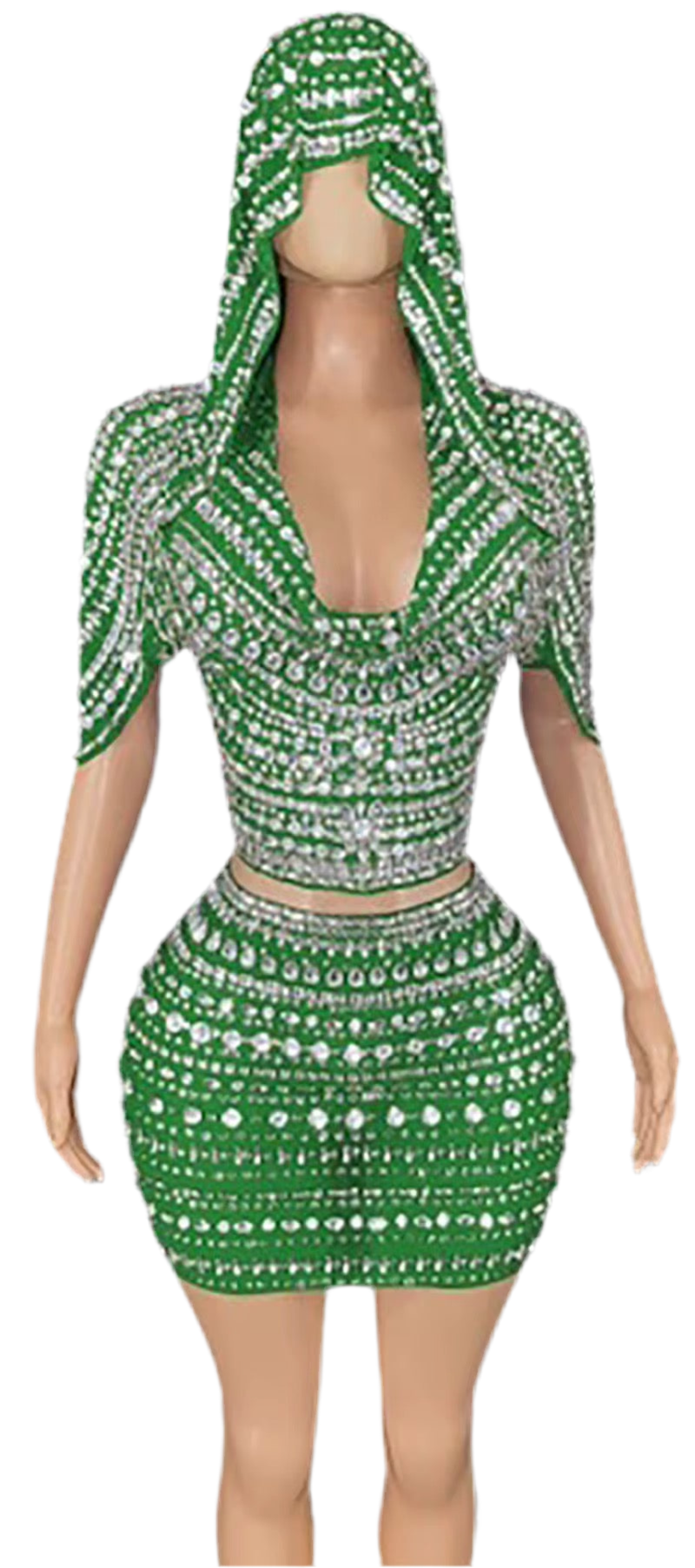 Diamond Drip Hooded 2-Piece Set – Rhinestone Crop & Mini Skirt