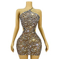 Diamond Drip Mesh Mini Dress – Crystal Rhinestone One-Shoulder Bodycon