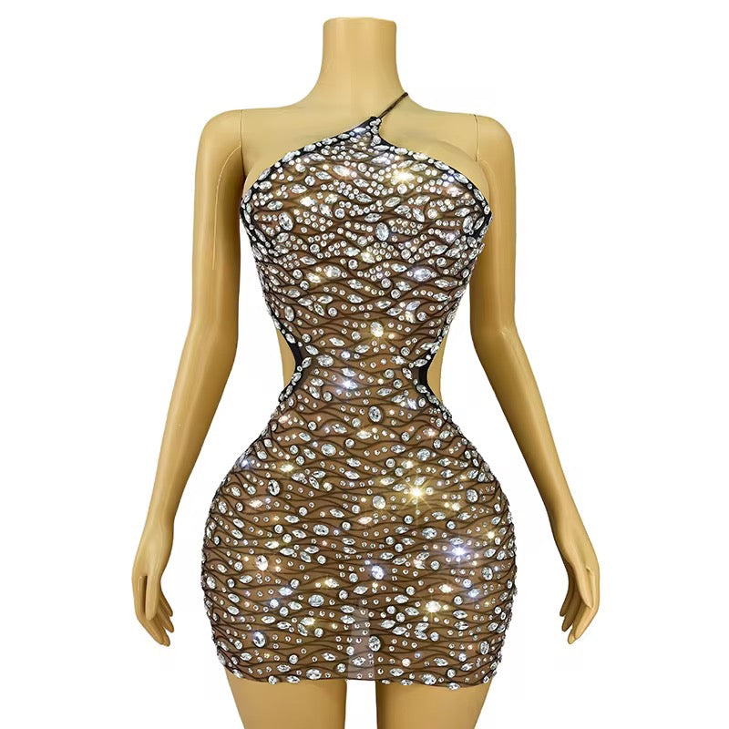 Diamond Drip Mesh Mini Dress – Crystal Rhinestone One-Shoulder Bodycon