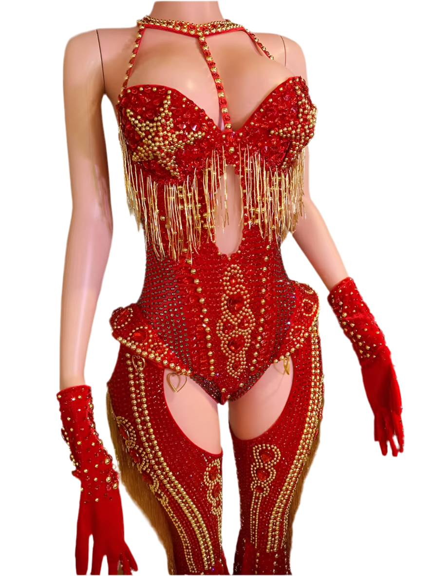 Rodeo Royalty Rhinestone Cutout Set – Red Two-Piece Performance Outfit