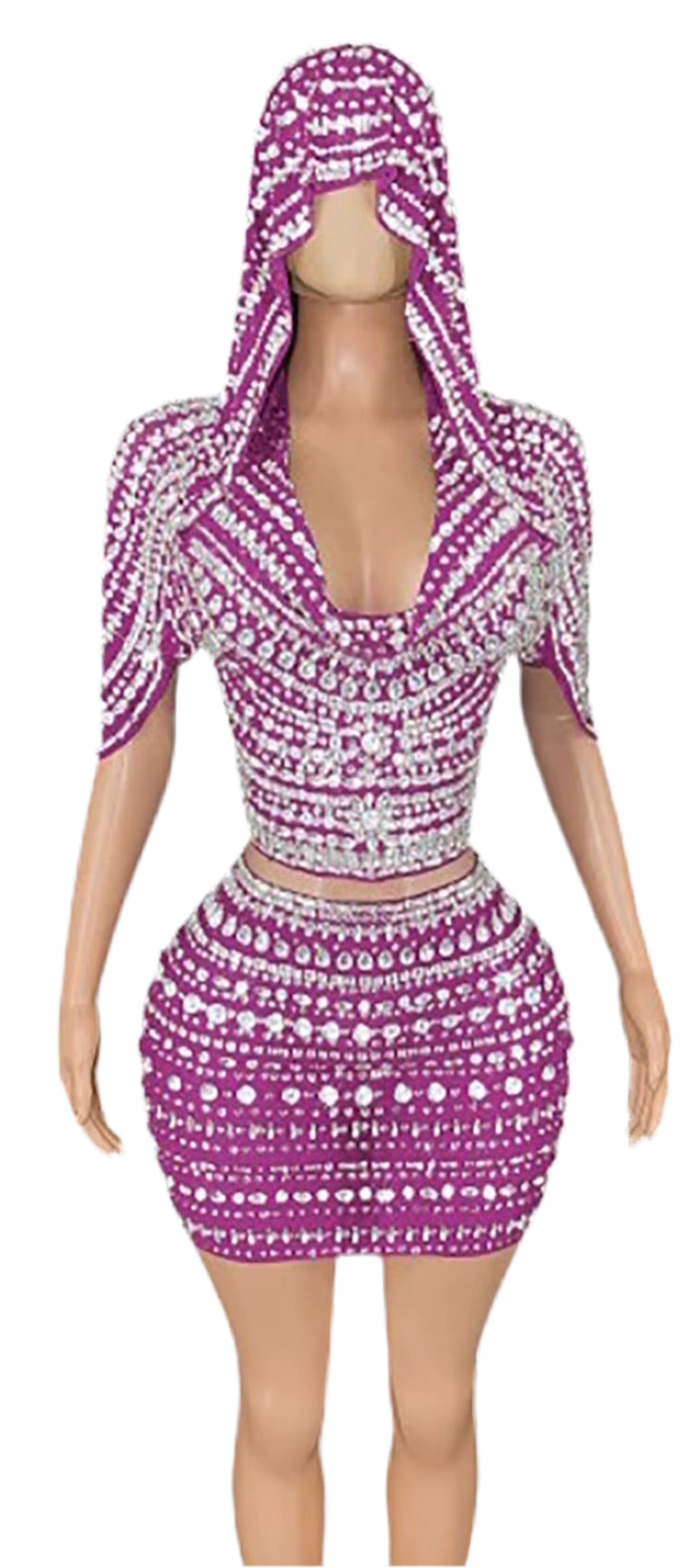 Diamond Drip Hooded 2-Piece Set – Rhinestone Crop & Mini Skirt