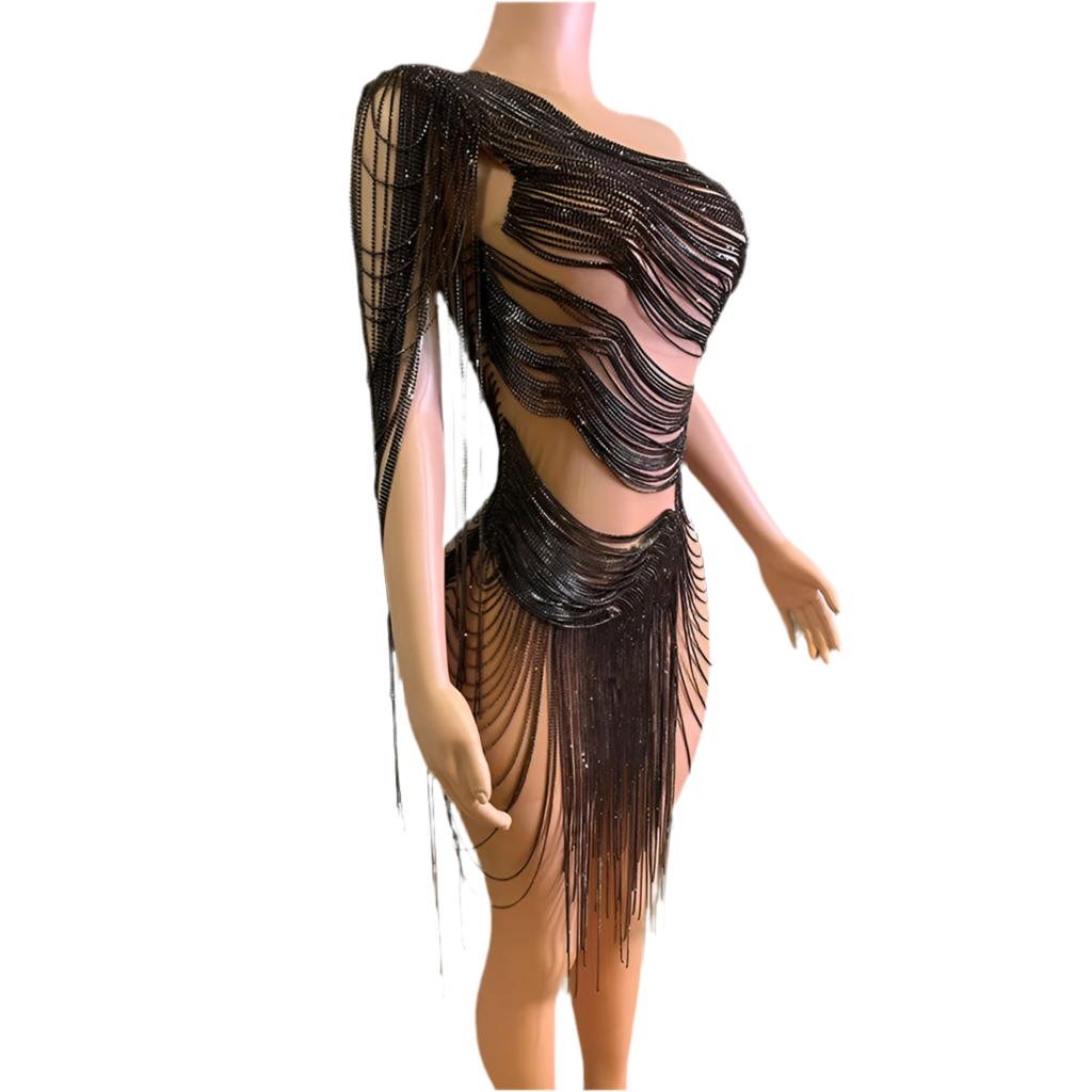 Midnight Seduction Fringe Dress – Black Crystal One-Shoulder Party Dress