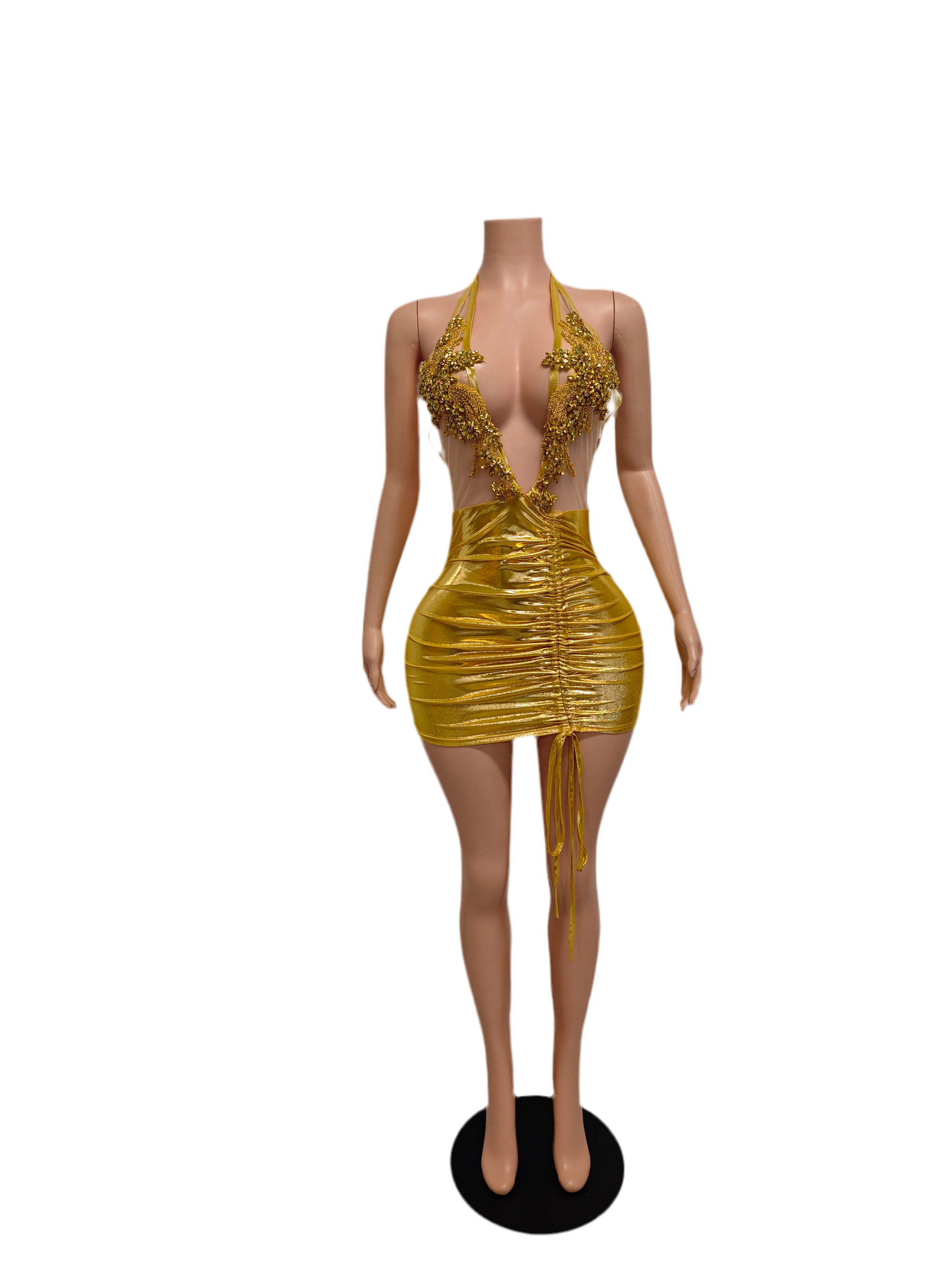 Golden Blaze Ruched Mini Dress – Crystal Halter Party Outfit