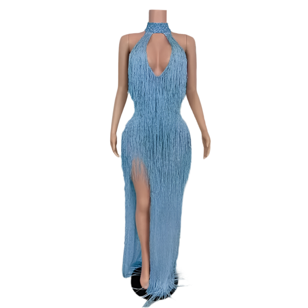Frosted Fantasy Fringe Gown – Sparkle Crystal Halter Evening Dress