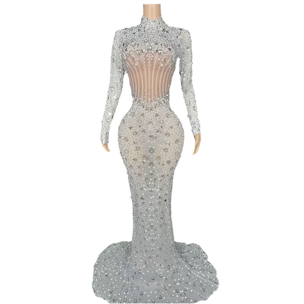 Midnight Mirage Gown – Black Sheer Rhinestone Evening Dress