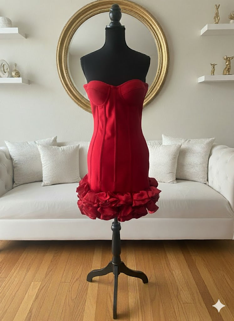 Red Rose Corset Mini Dress – Strapless Velvet Bustier with Ruffle Hem