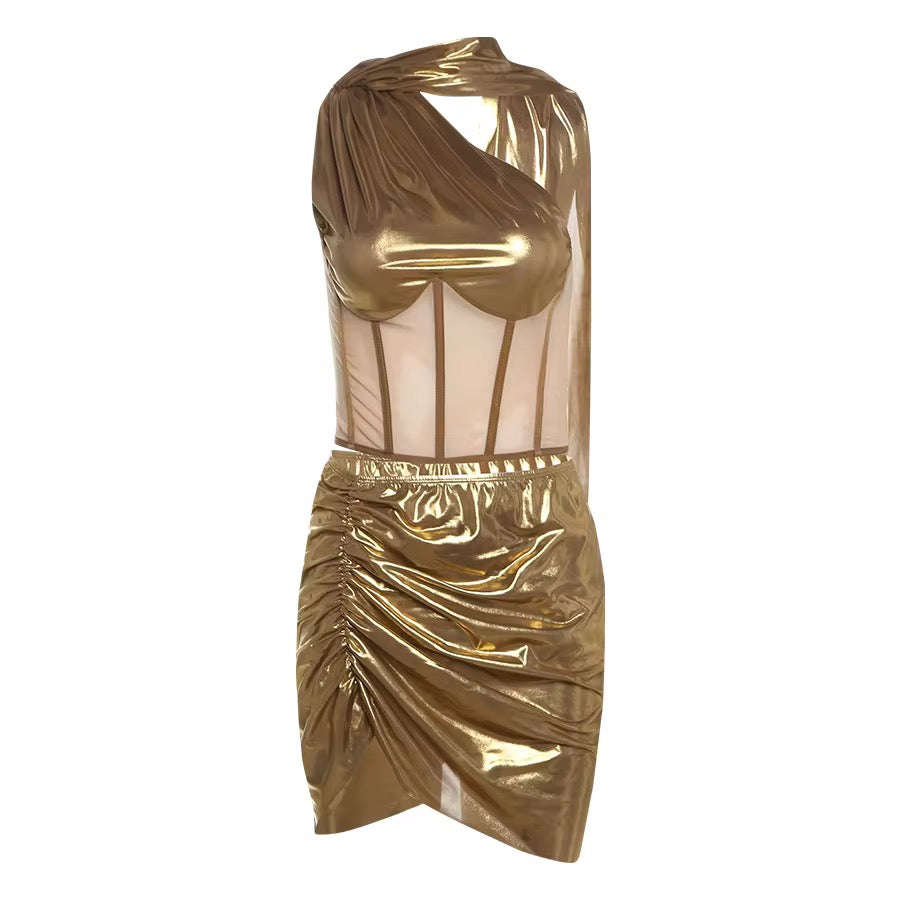 Golden Hour Metallic Two-Piece Set – Gold Crop & Mini Skirt Outfit
