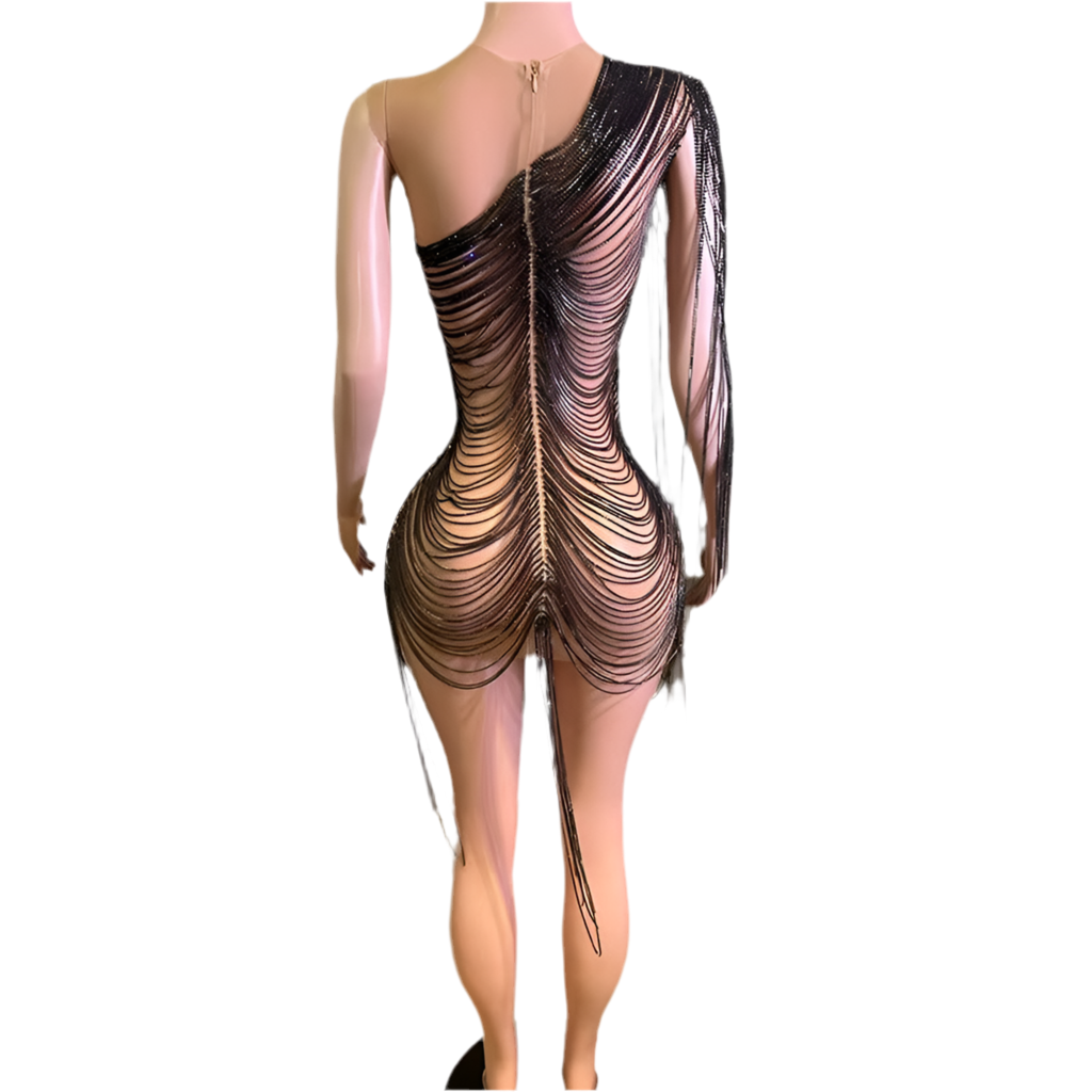 Midnight Seduction Fringe Dress – Black Crystal One-Shoulder Party Dress