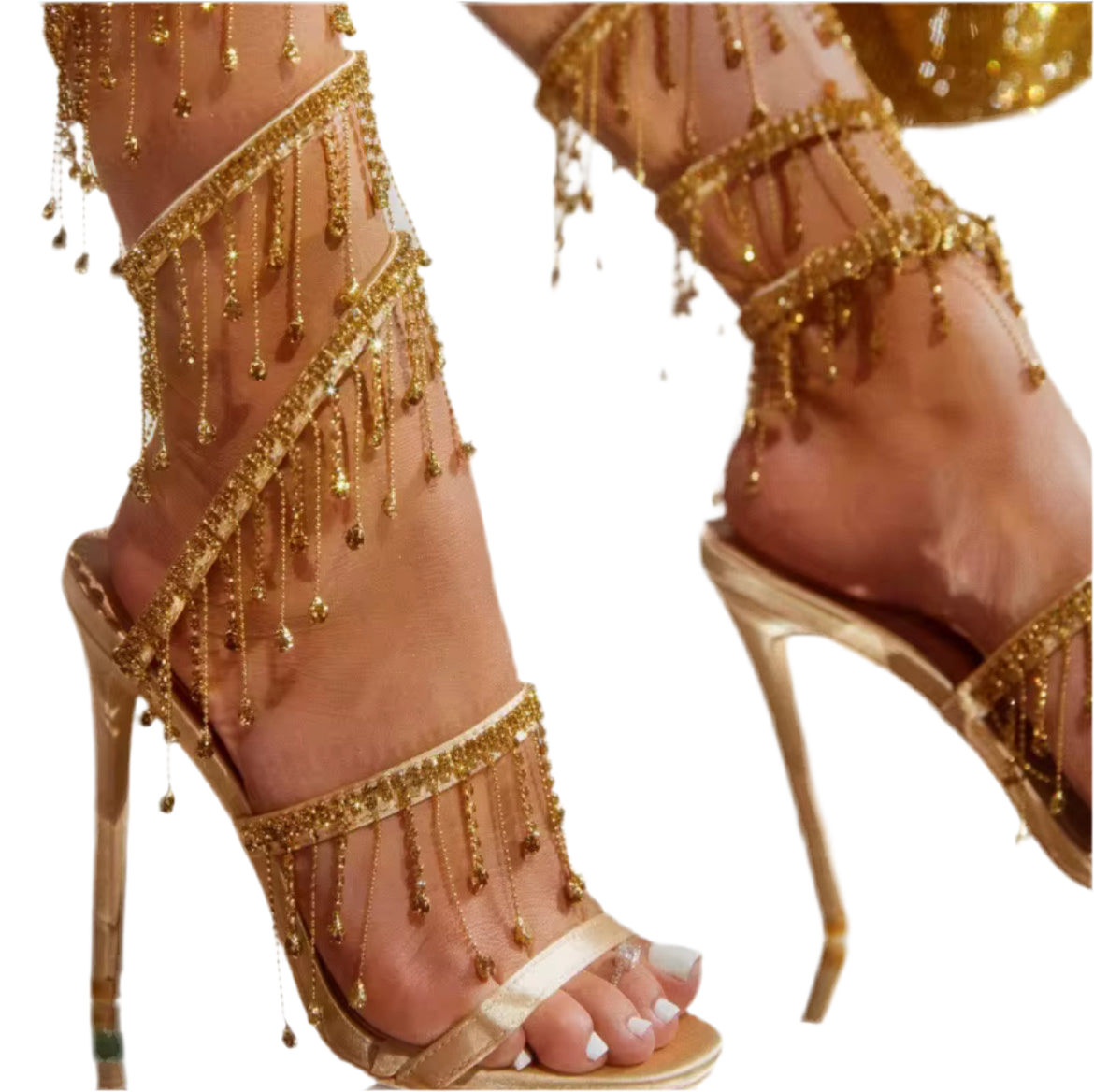 Golden Drip Stiletto Heels – Fringe Beaded Party Sandals