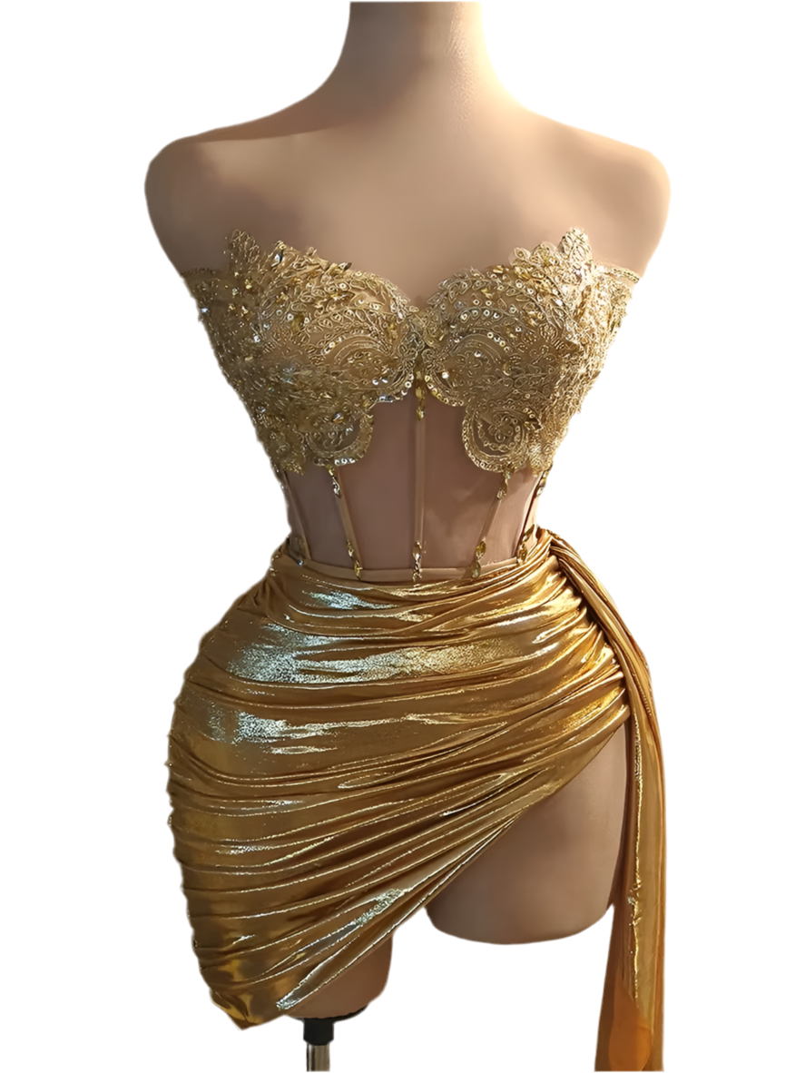 Golden Mirage Sequin Corset Dress – Strapless Metallic Party Dress
