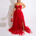 Luxe Layers Corset Gown – Black & Red Tulle Evening Dress with High Slit
