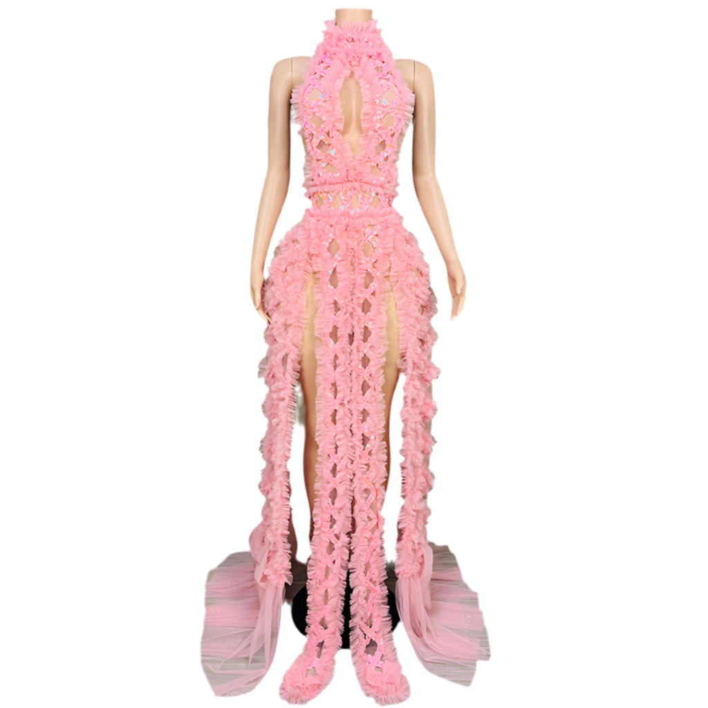 Cotton Candy Fantasy Sheer Ruffle Gown – Pink Halter Party Dress