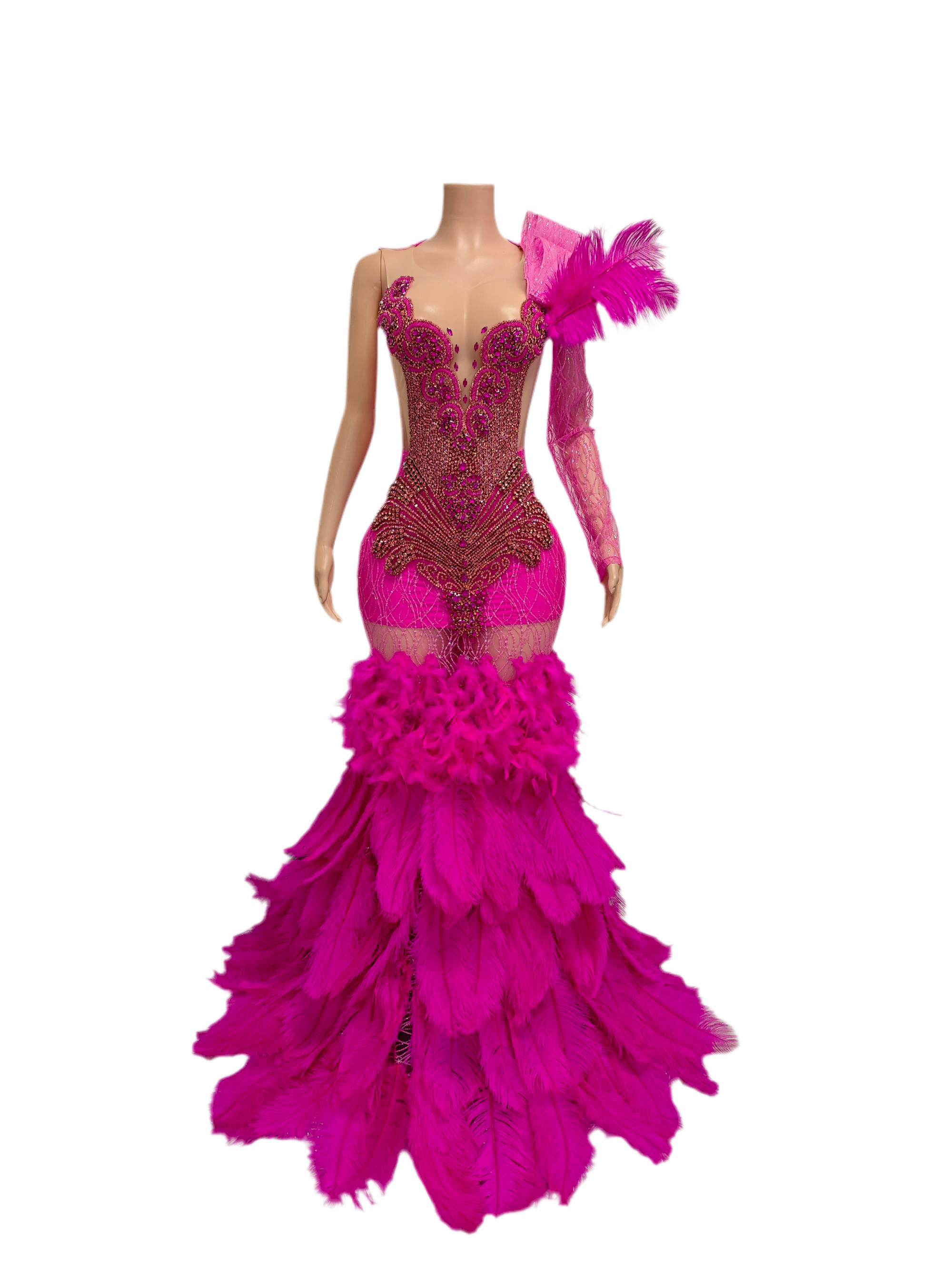 Hot Pink Feather & Rhinestone Evening Gown – One Shoulder Luxury Prom & Birthday Dress