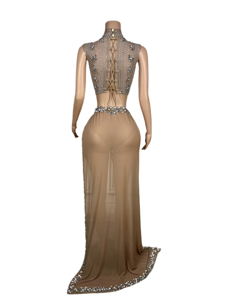 Goddess Glow Rhinestone Skirt Set – Nude Crystal Two-Piece Birthday & Party Outfit