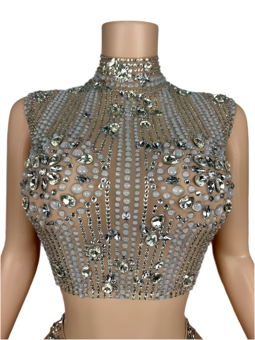 Goddess Glow Rhinestone Skirt Set – Nude Crystal Two-Piece Birthday & Party Outfit