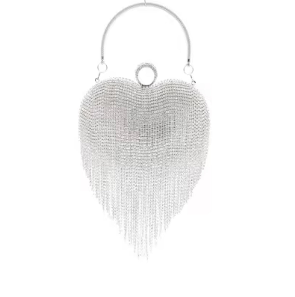 Crystal Heart Silver Clutch-Rhinestone Fringe Evening Bag