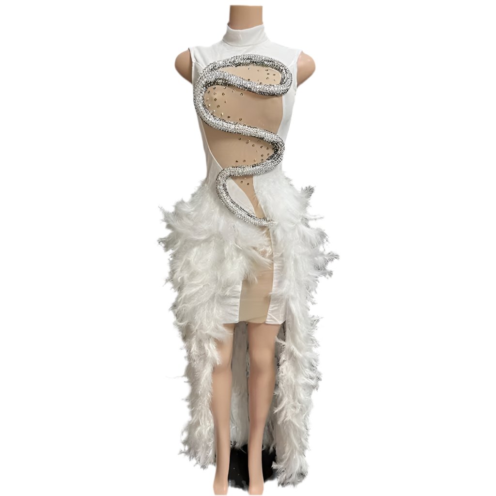 Venom & Velvet Luxe Gown – Crystal Rhinestone Feather Evening Dress
