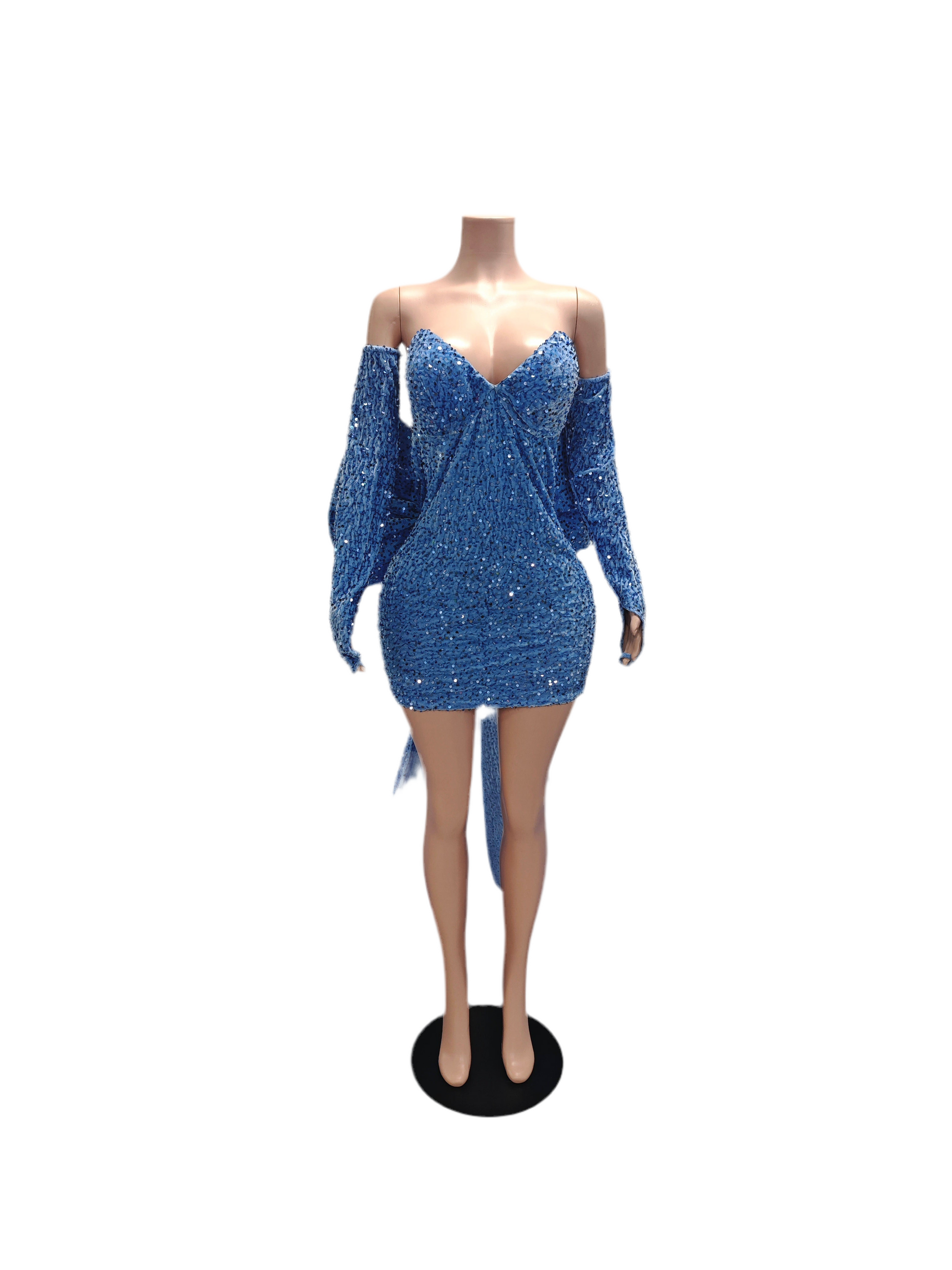 Blue Sapphire Luxe Mini Dress – Rhinestone Birthday & Party Dress with Train