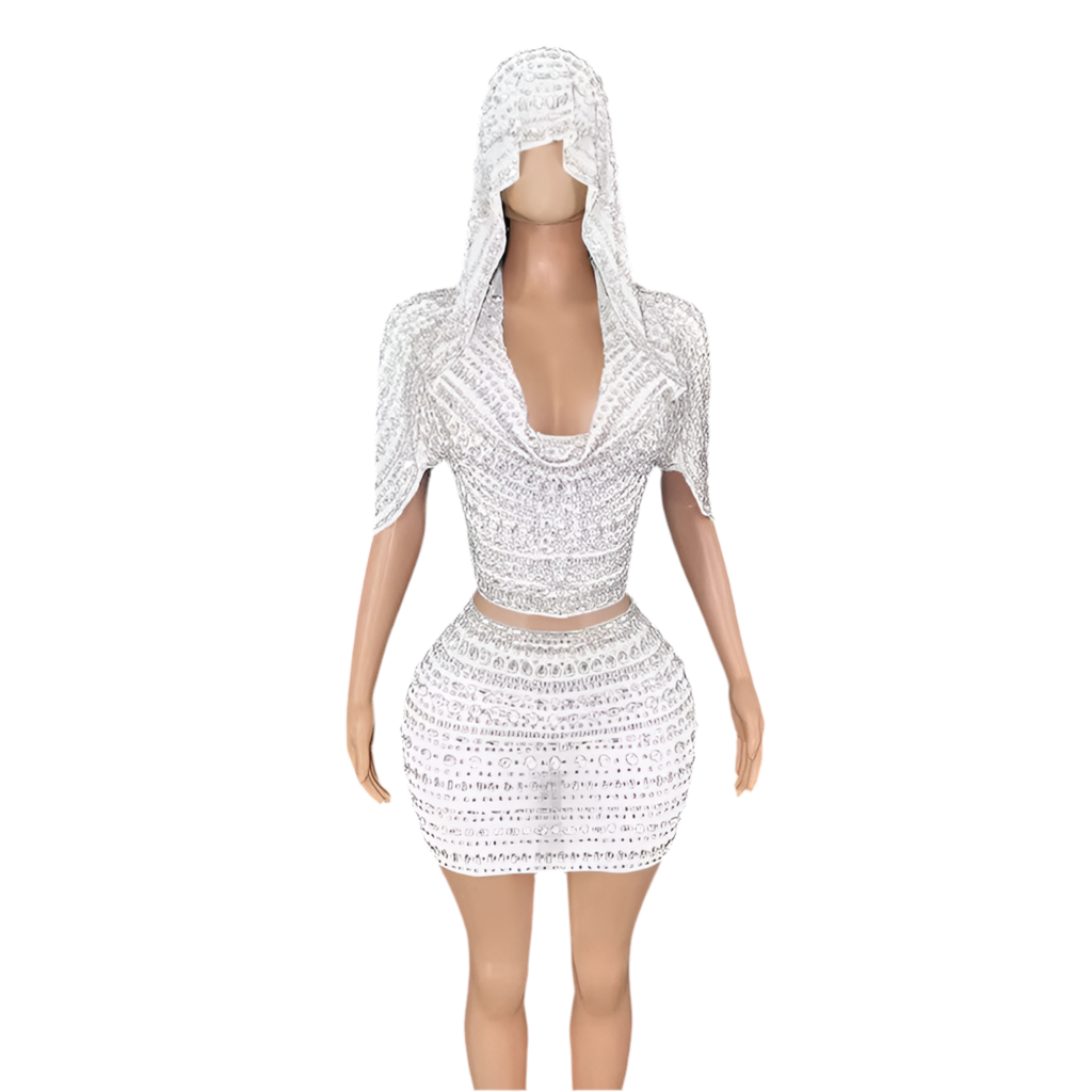 Diamond Drip Hooded 2-Piece Set – Rhinestone Crop & Mini Skirt