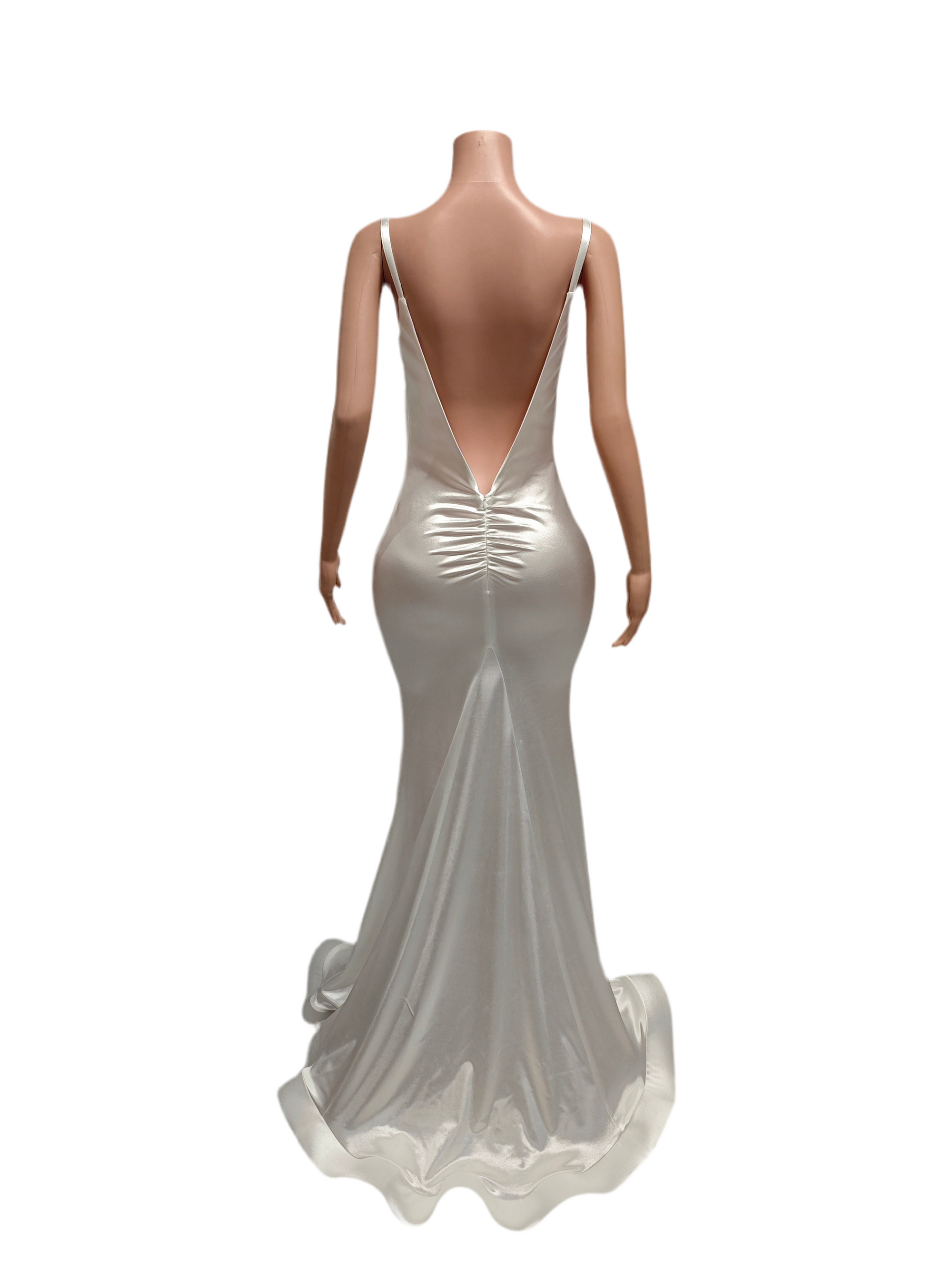White Satin Elegance Gown – Rhinestone Strap Formal Evening Dress