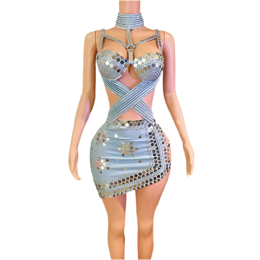 Ice Reflection Mirror Mini – Icy Blue Crystal Cut-Out Party Dress