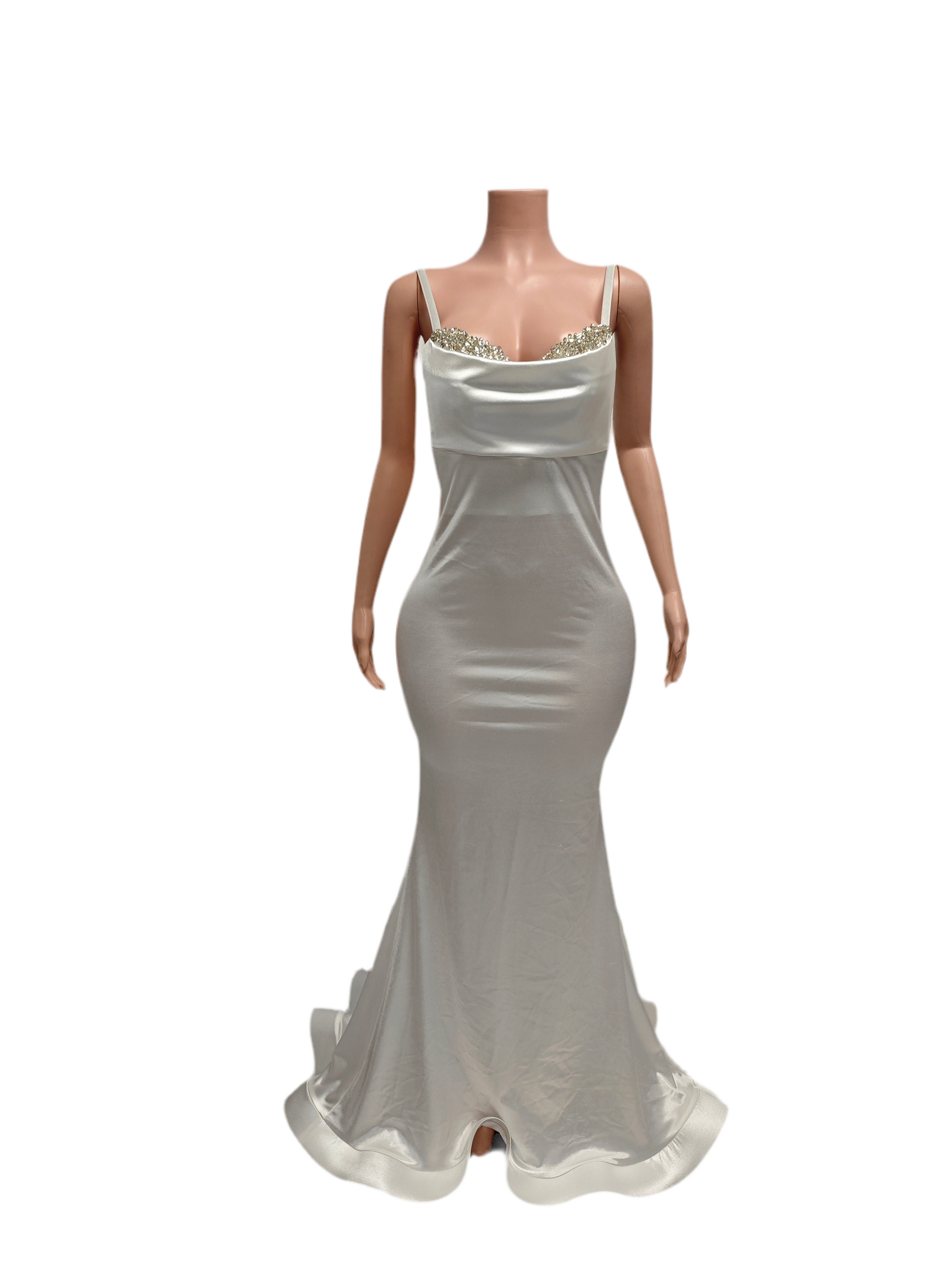White Satin Elegance Gown – Rhinestone Strap Formal Evening Dress