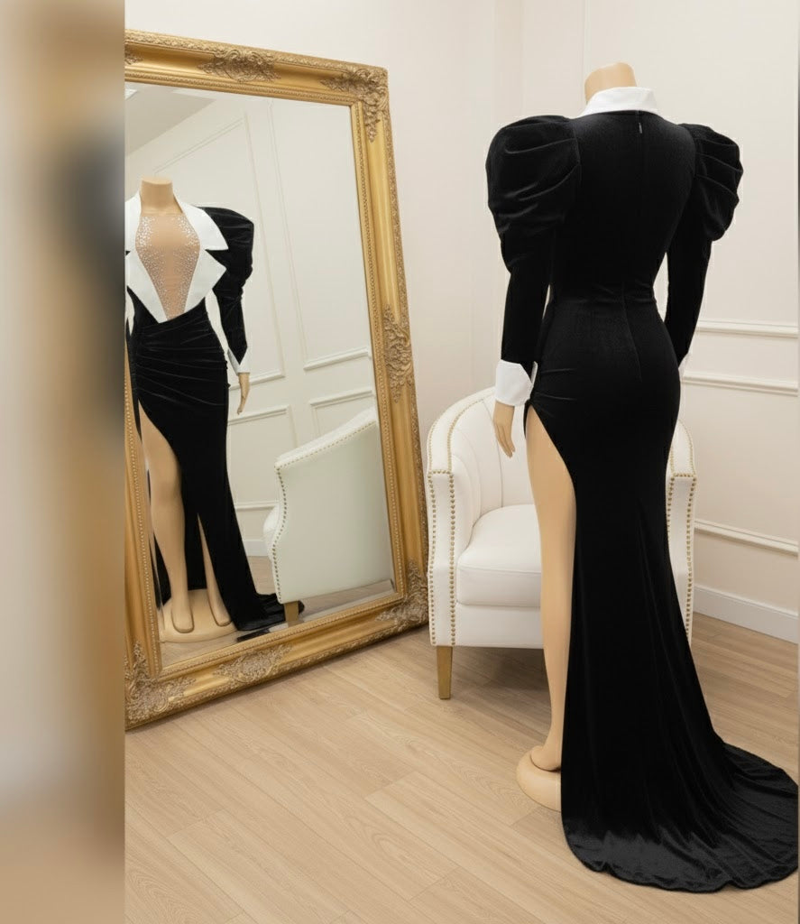 Velvet Power Shoulder Rhinestone Gown – Black & White Asymmetrical Evening Dress | Ravishing Beauties