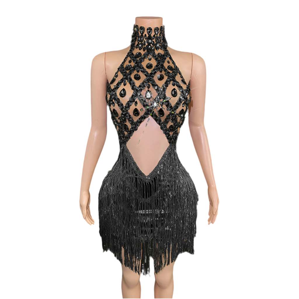 Glamour Gemstone Fringe Mini Dress – Rhinestone Birthday & Party Outfit