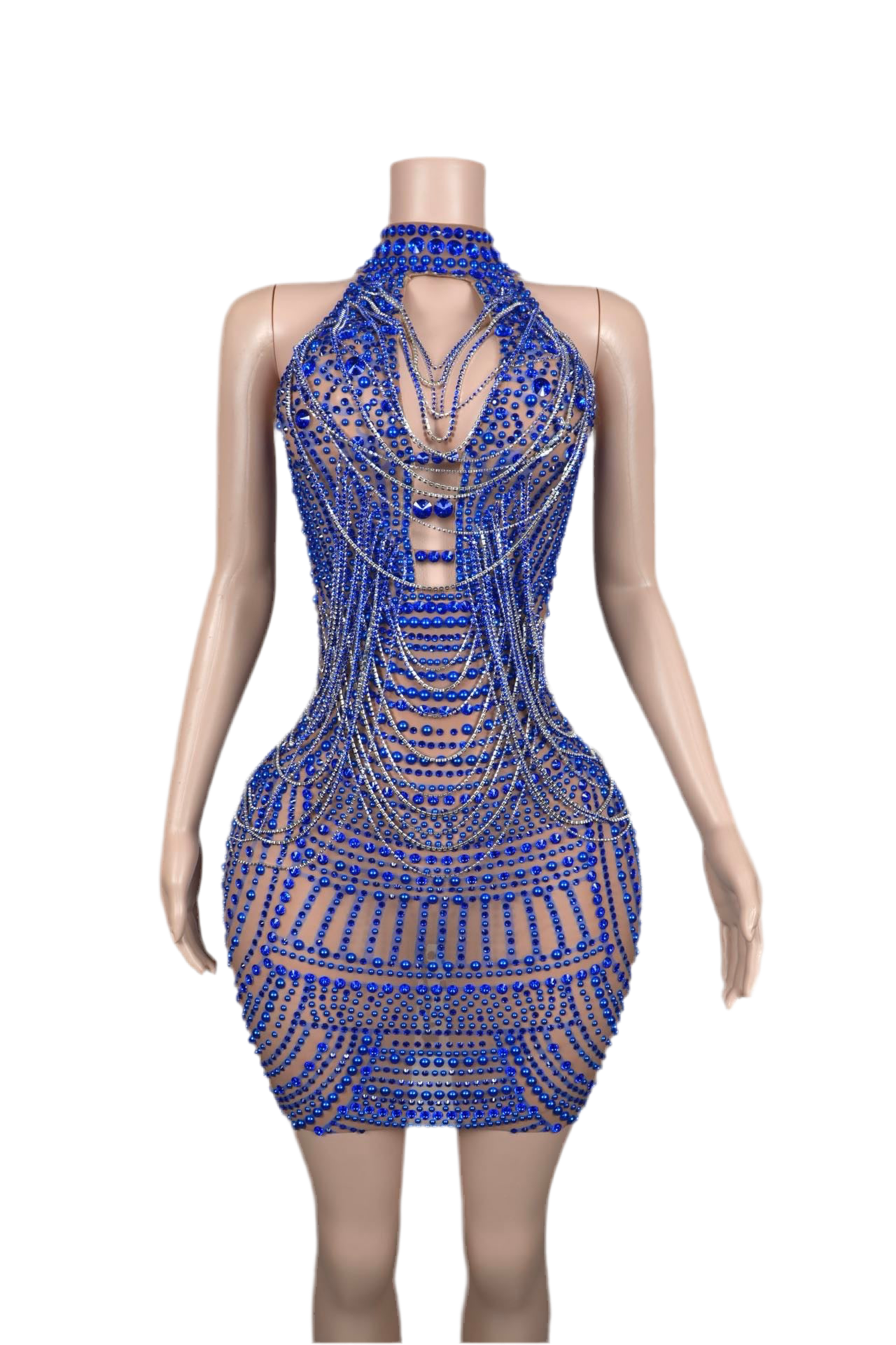 Electric Seduction Rhinestone Mini Dress – Blue Sheer Party Outfit