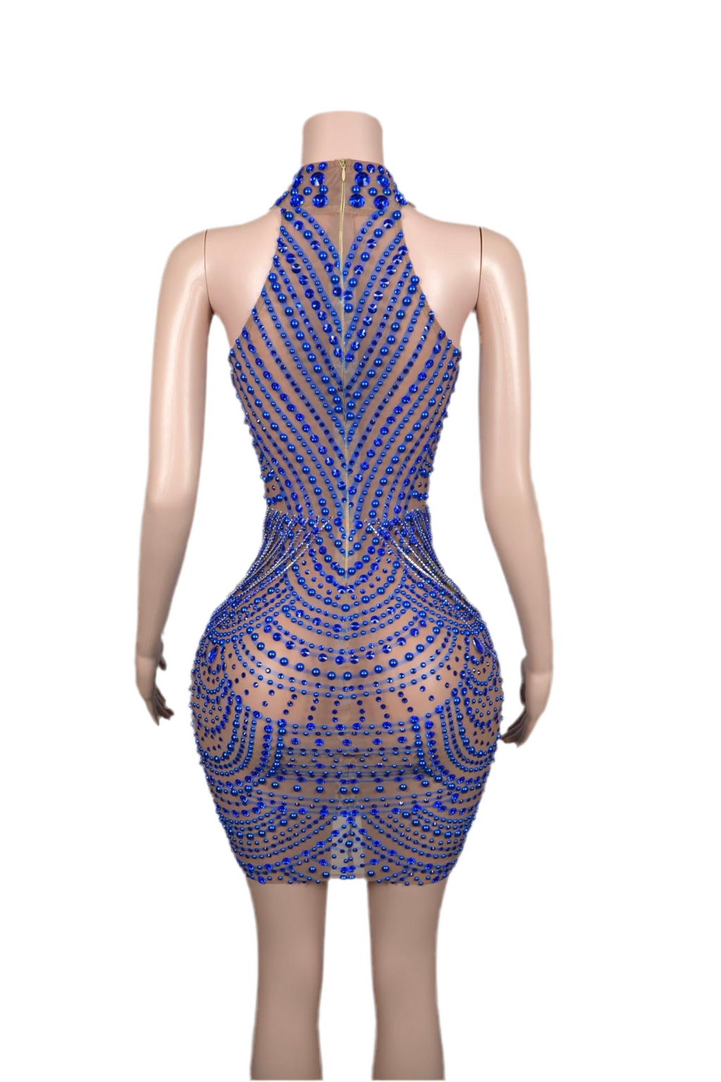 Electric Seduction Rhinestone Mini Dress – Blue Sheer Party Outfit