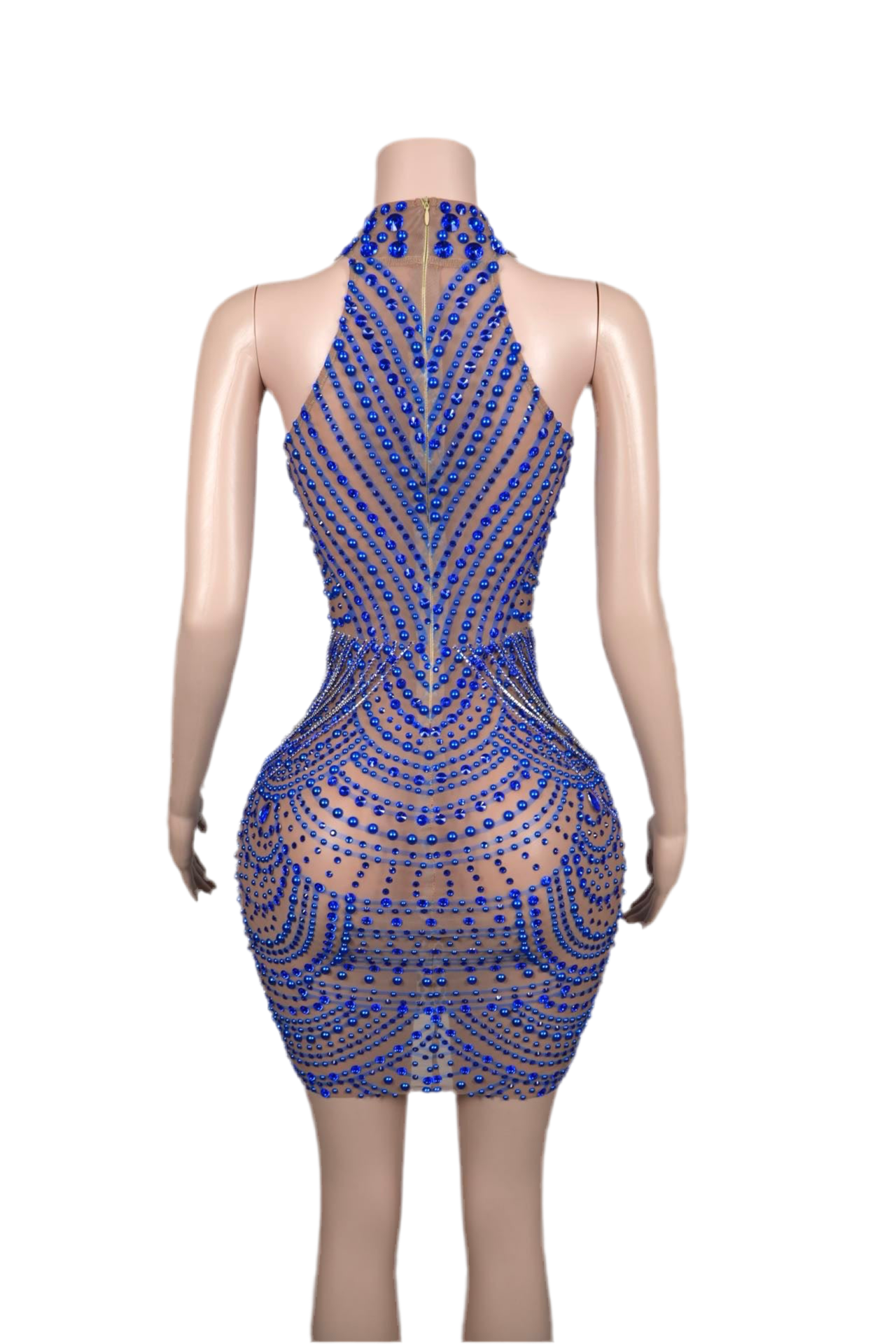 Electric Seduction Rhinestone Mini Dress – Blue Sheer Party Outfit