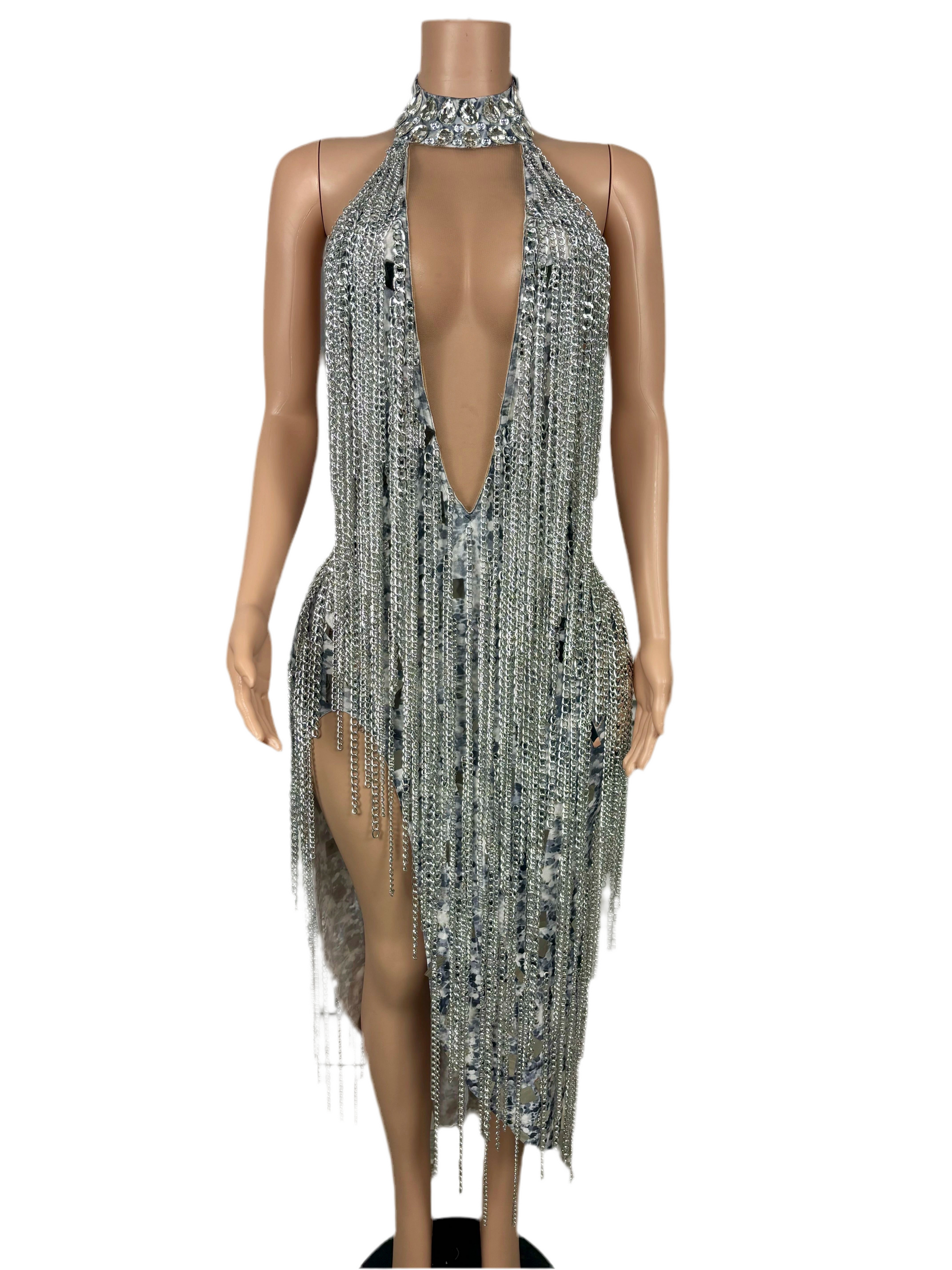 Diamond Drenched Fringe Gown – Silver Rhinestone Evening & Gala Dress