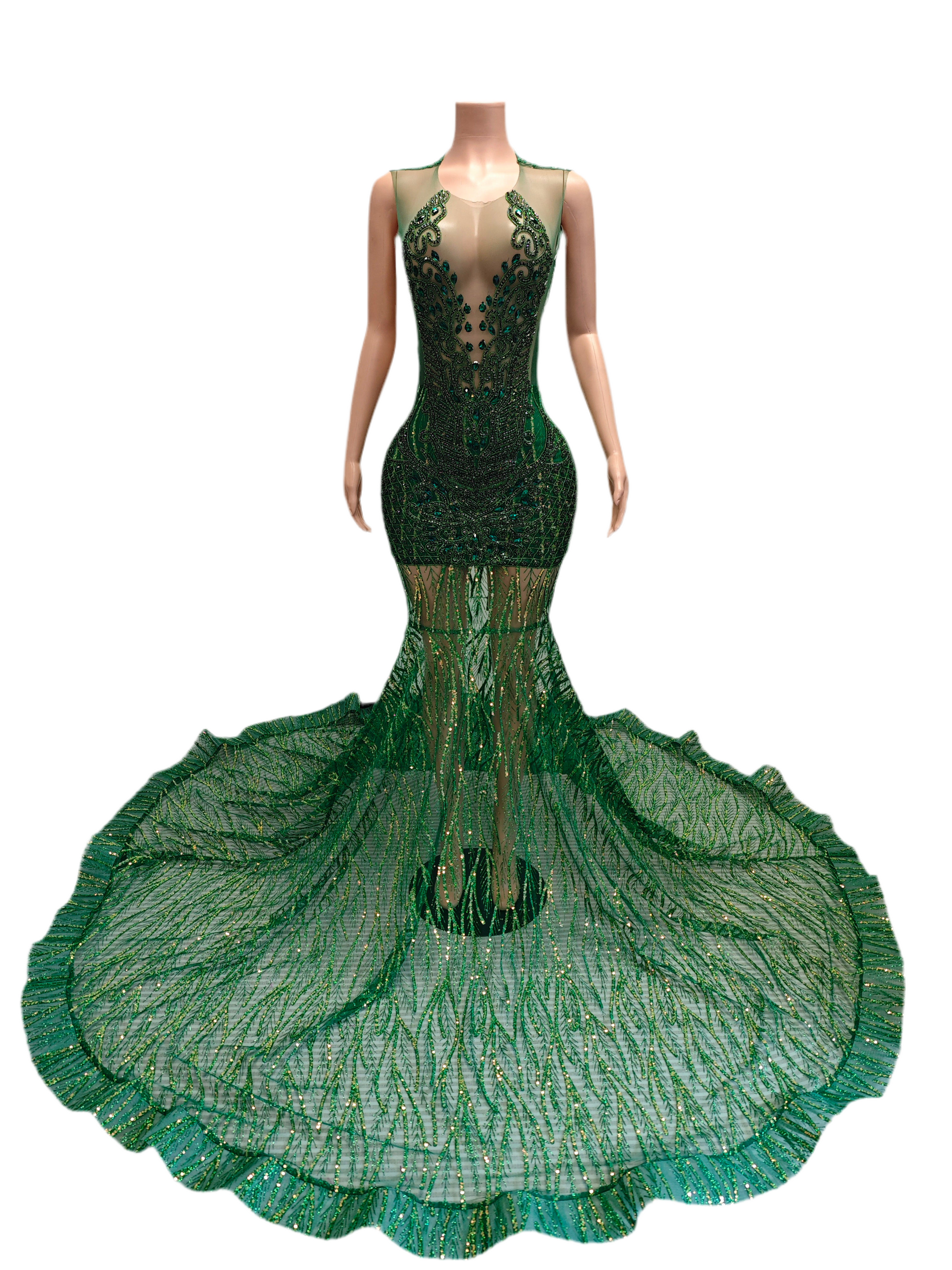 Emerald Elegance Gown – Green Sequin Rhinestone Mermaid Red Carpet Dress