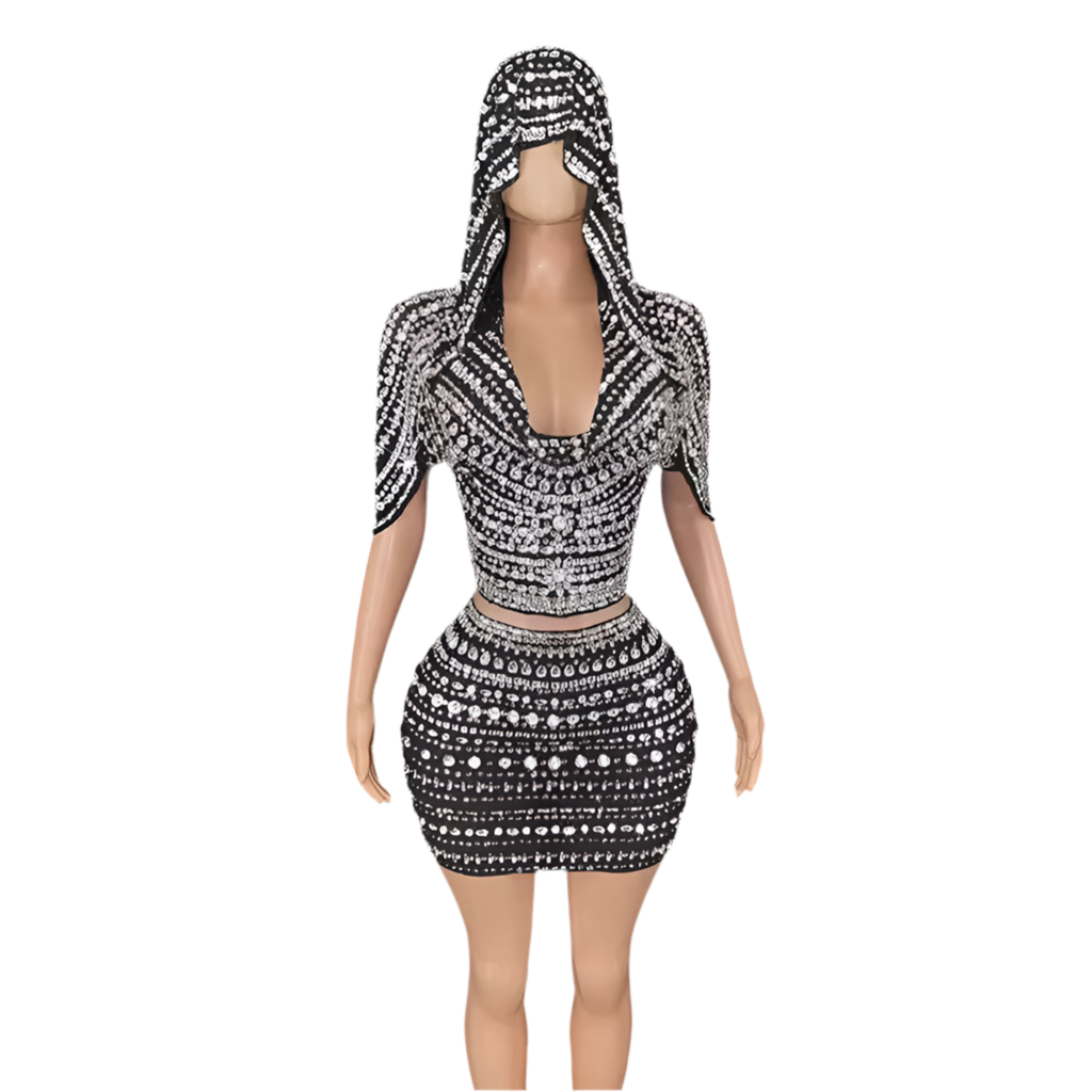 Diamond Drip Hooded 2-Piece Set – Rhinestone Crop & Mini Skirt