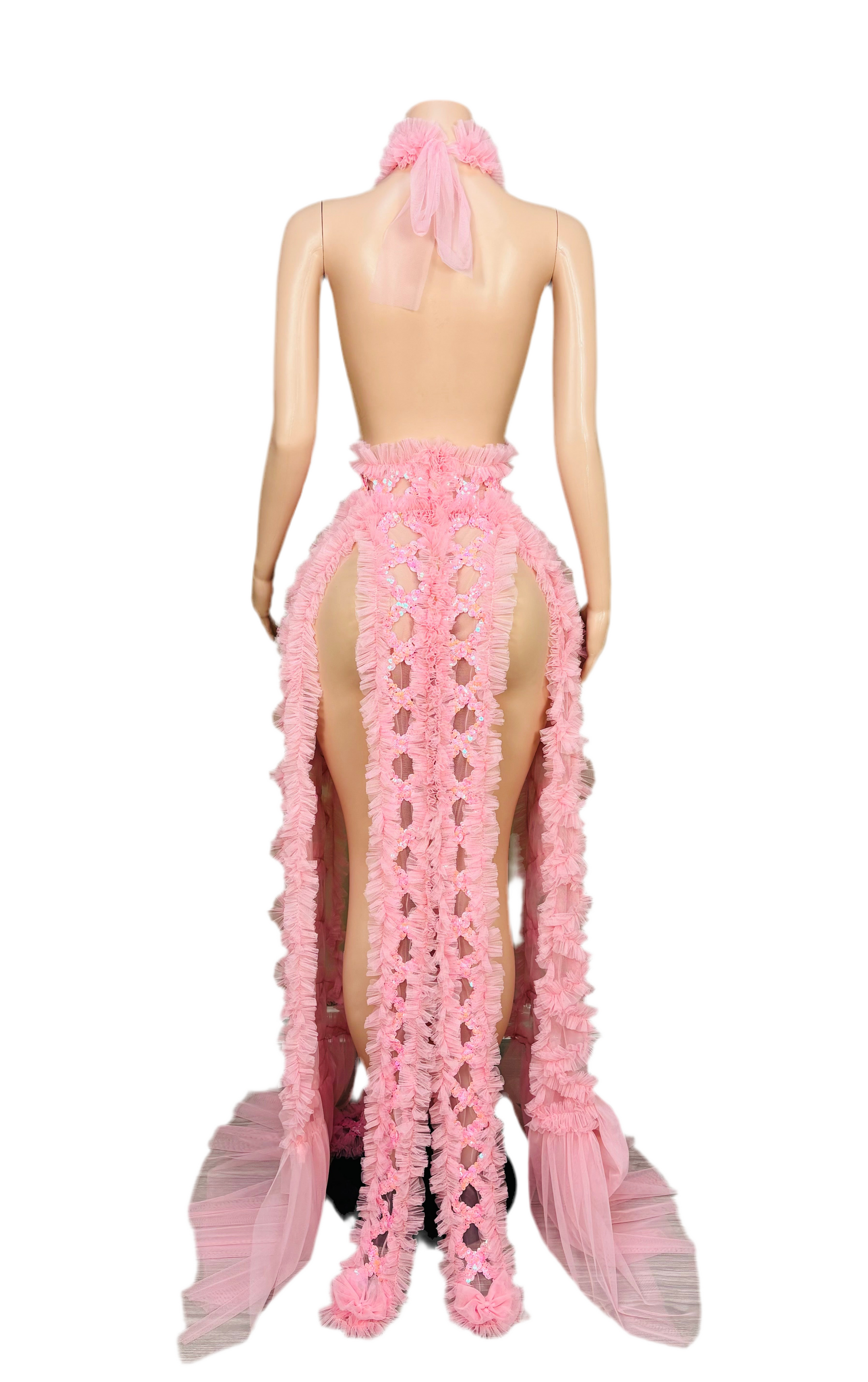 Cotton Candy Fantasy Sheer Ruffle Gown – Pink Halter Party Dress